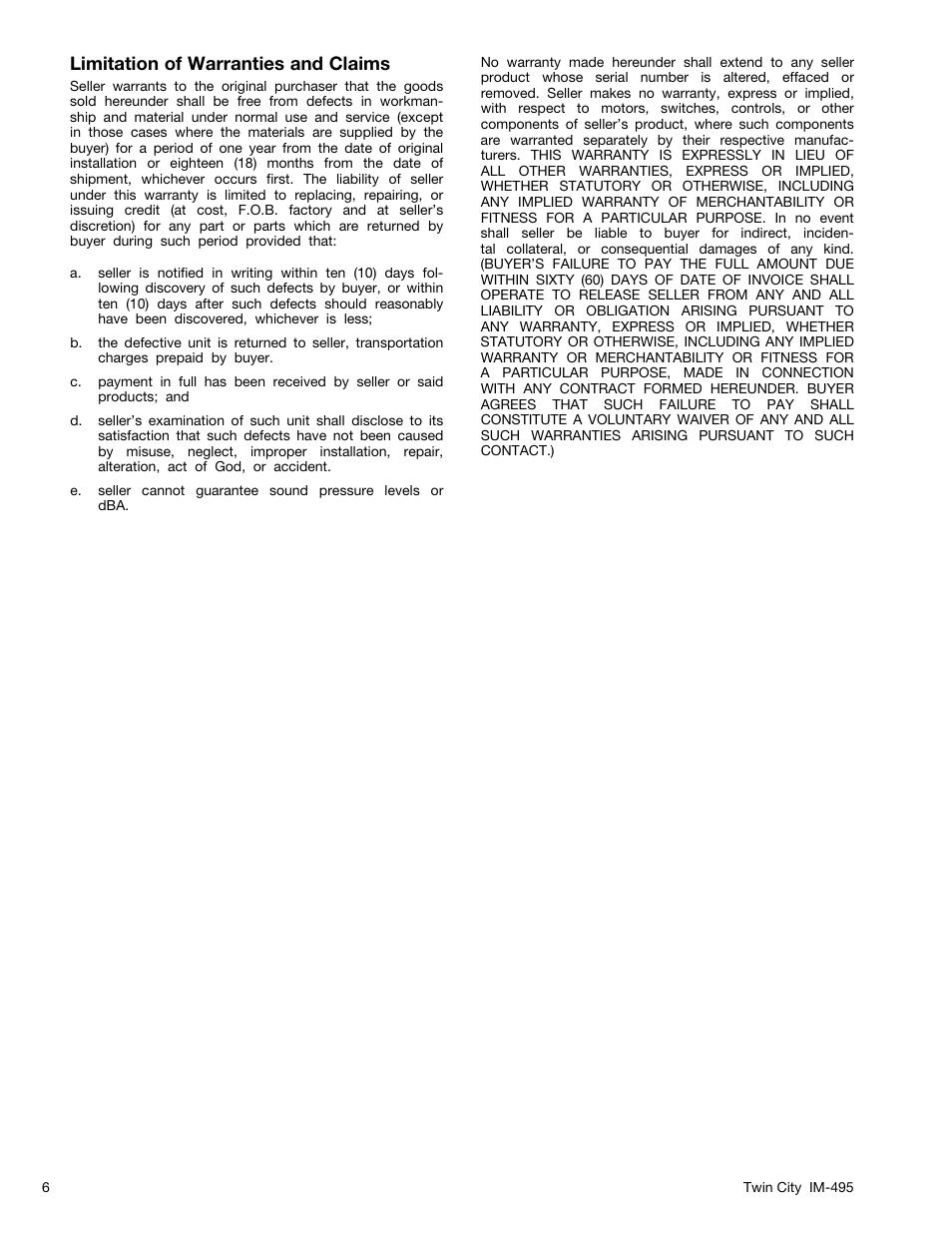 Limitation of warranties and claims | Twin City Modular Plenum Fans - MPLFN / MPLFS / MPLQN / MPLQS - IM-495 User Manual | Page 6 / 7