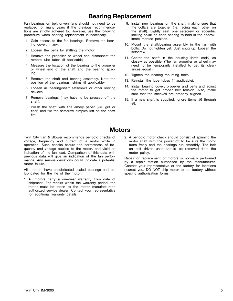 Bearing replacement motors | Twin City General Instructions (Fiberglass Ventilators) - IM-3000 User Manual | Page 5 / 8