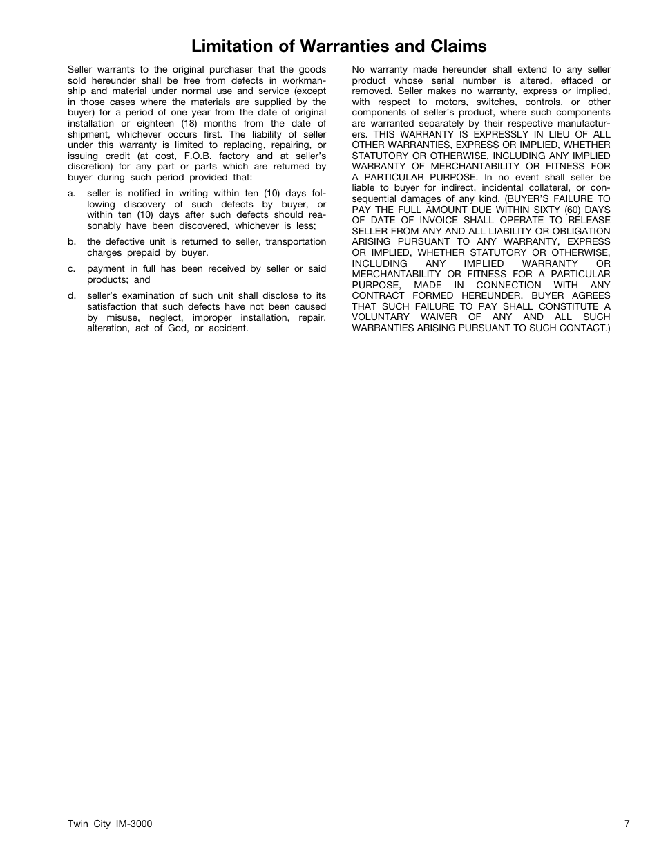 Limitation of warranties and claims | Twin City General Instructions (Fiberglass Ventilators) - IM-3000 User Manual | Page 7 / 8