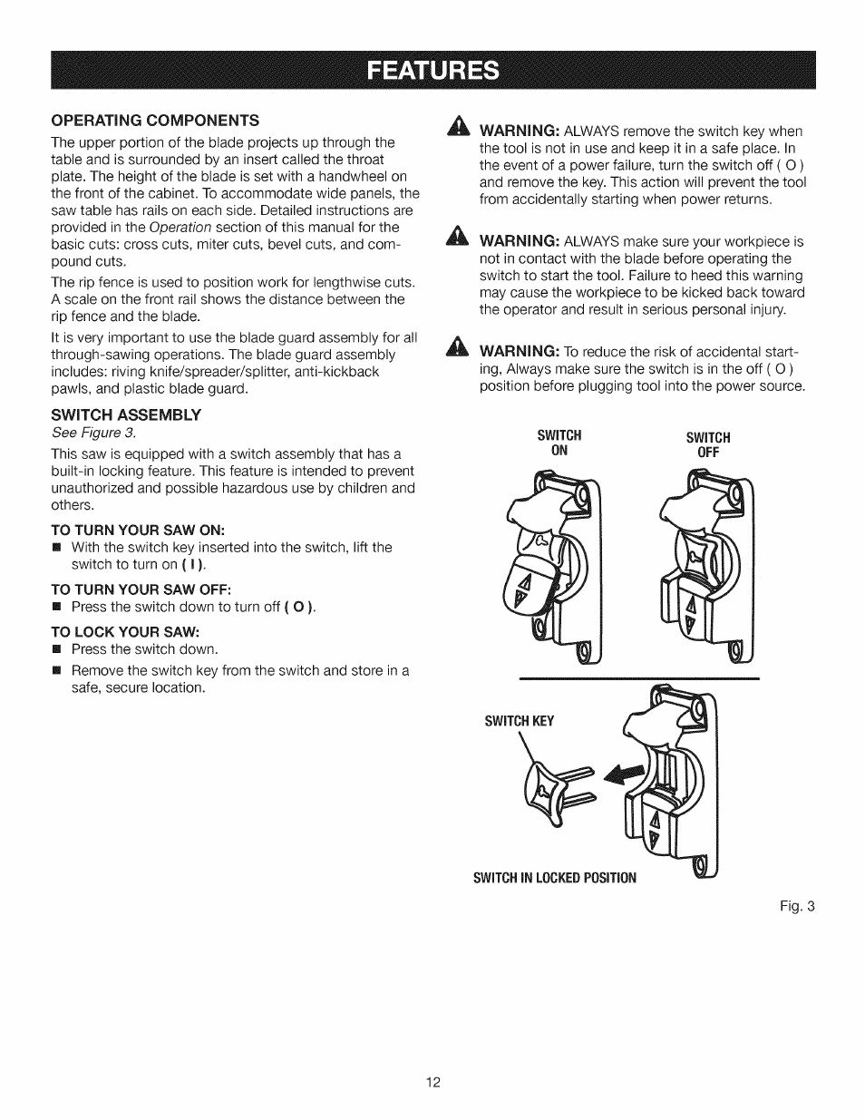 Features, O peration, See figure 3 | Craftsman 315.284610 User Manual | Page 12 / 48