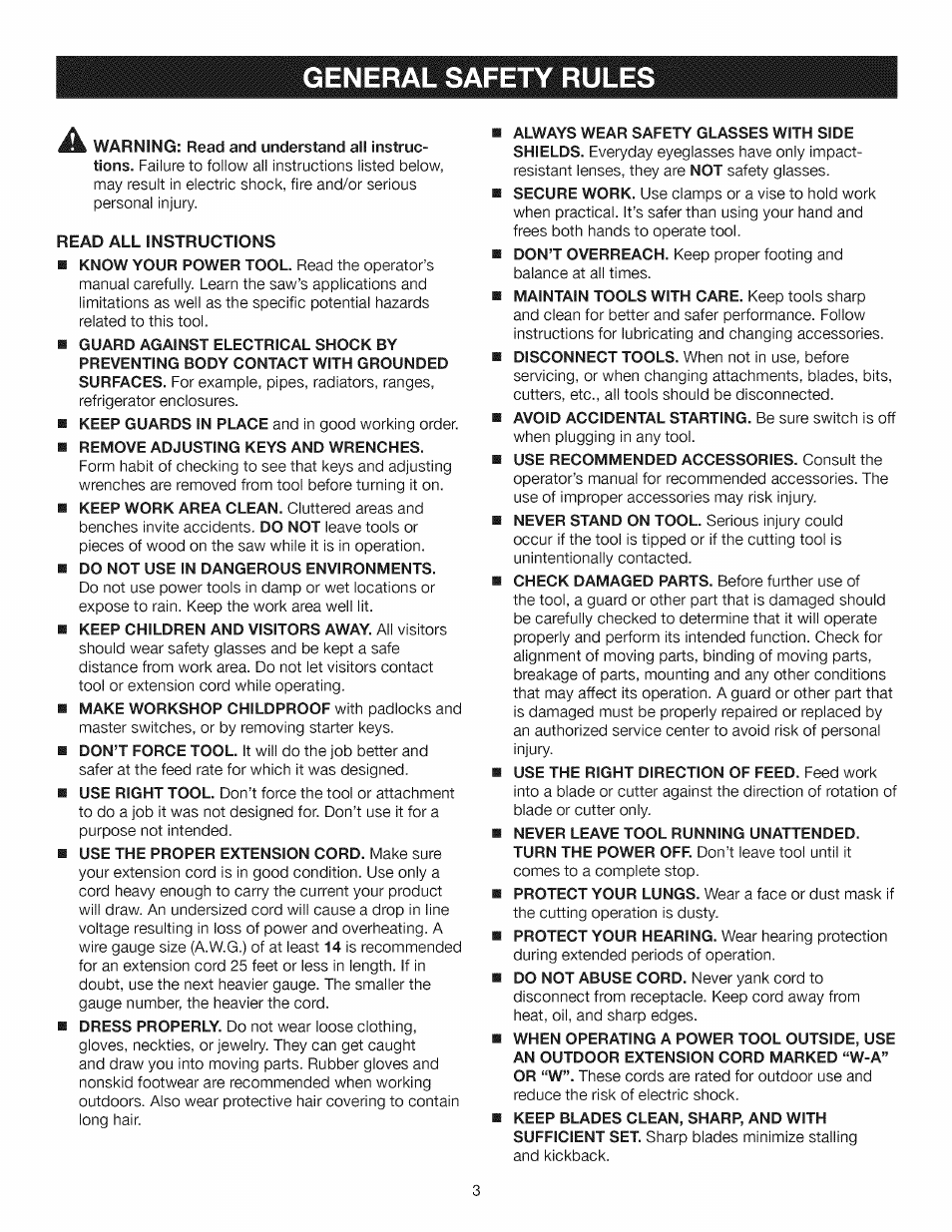 General safety rules | Craftsman 315.284610 User Manual | Page 3 / 48