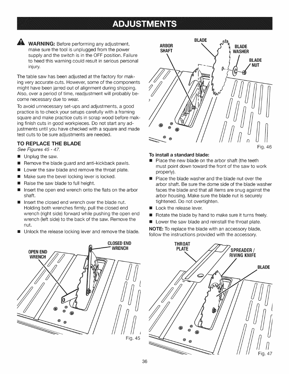 Adjustments, See figures 45 - 47 | Craftsman 315.284610 User Manual | Page 36 / 48