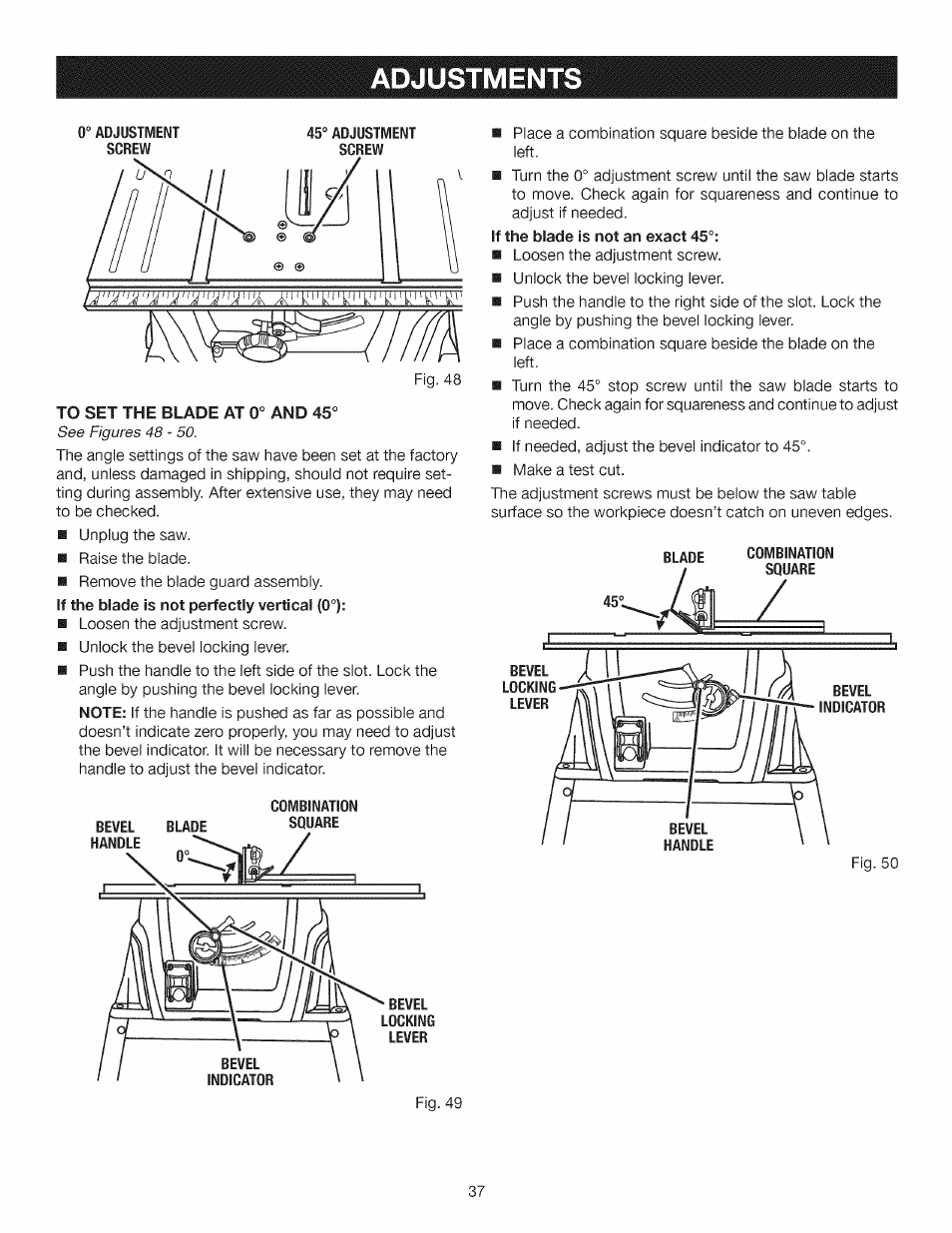 Adjustments, See figures 48 - 50 | Craftsman 315.284610 User Manual | Page 37 / 48