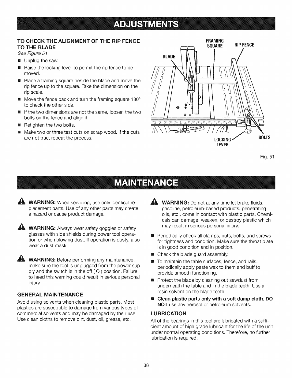 Maintenance, Adjustments, See figure 51 | Craftsman 315.284610 User Manual | Page 38 / 48