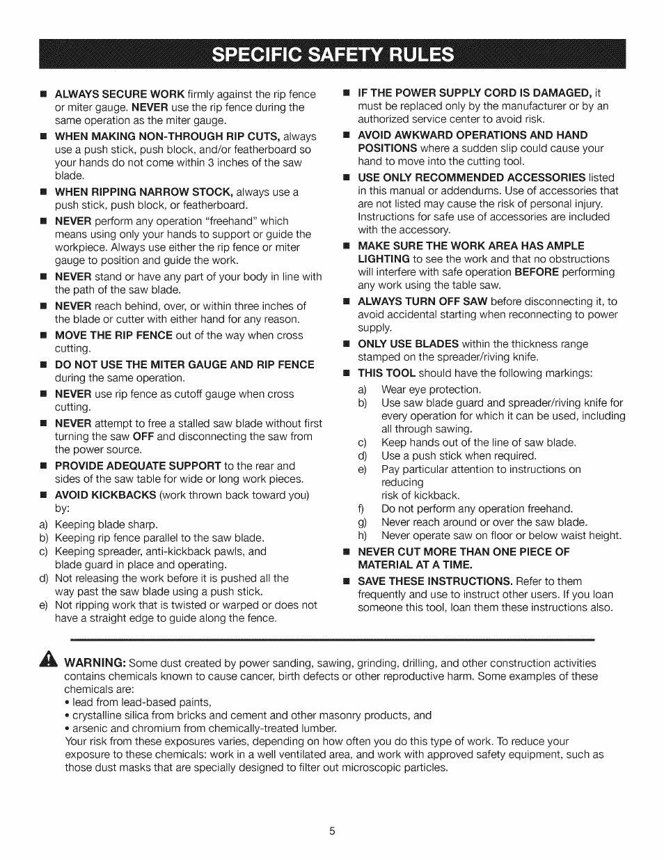 Specific safety rules | Craftsman 315.284610 User Manual | Page 5 / 48