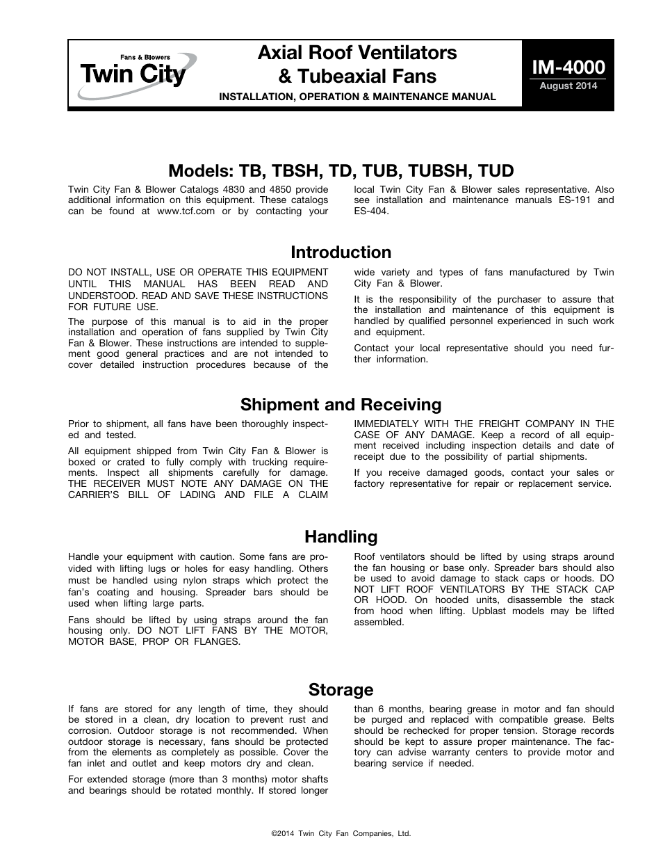 Twin City Axial Roof Ventilators and Tubeaxial Fans - IM-4000 User Manual | 8 pages