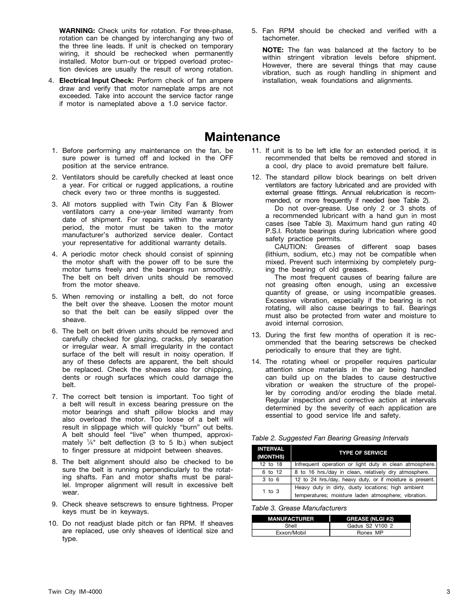 Maintenance, Table 2. suggested fan bearing greasing interval, Table 3. grease manufacturers | Twin City Axial Roof Ventilators and Tubeaxial Fans - IM-4000 User Manual | Page 3 / 8