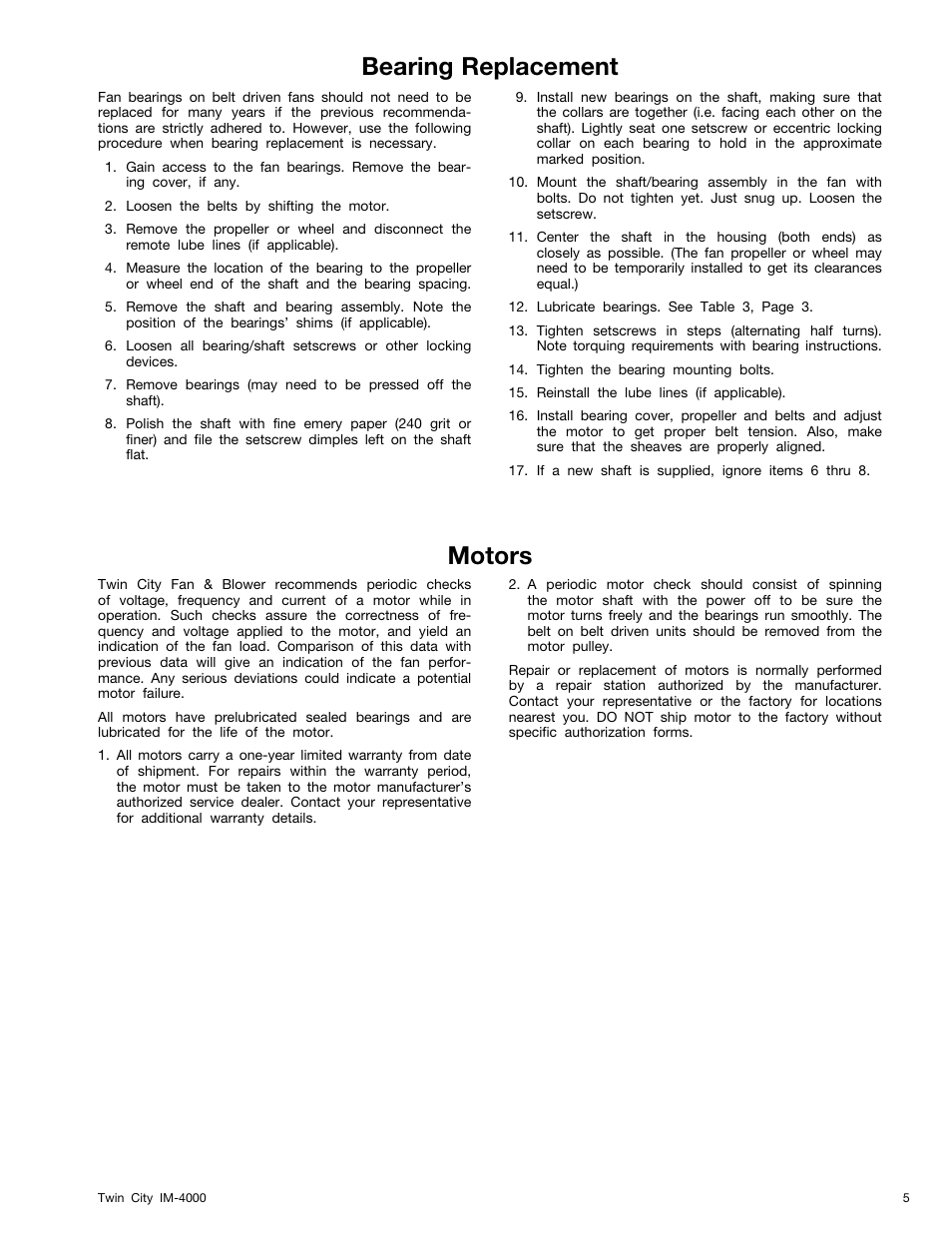 Bearing replacement, Motors, Bearing replacement motors | Twin City Axial Roof Ventilators and Tubeaxial Fans - IM-4000 User Manual | Page 5 / 8
