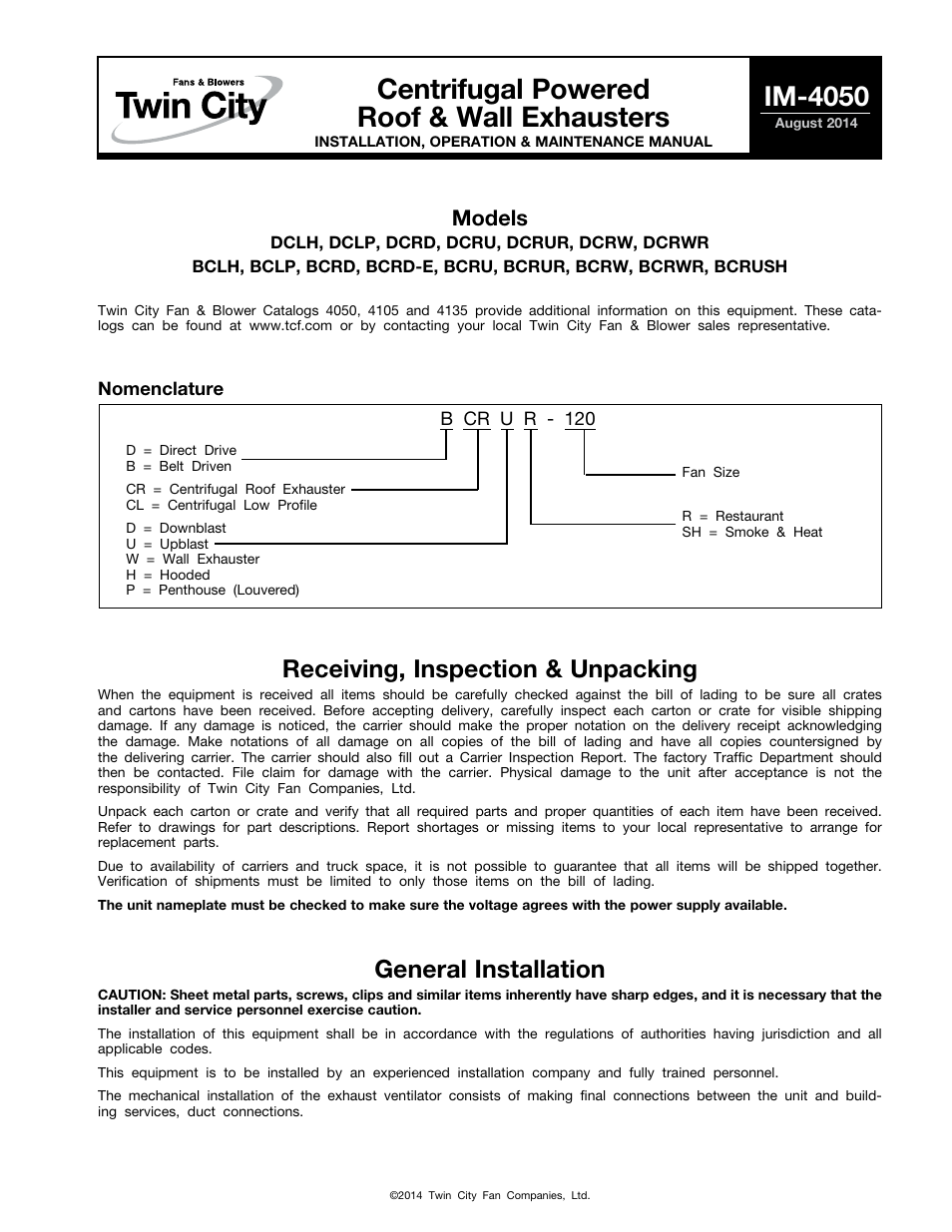 Twin City Centrifugal Roof & Wall Exhausters - IM-4050 User Manual | 16 pages