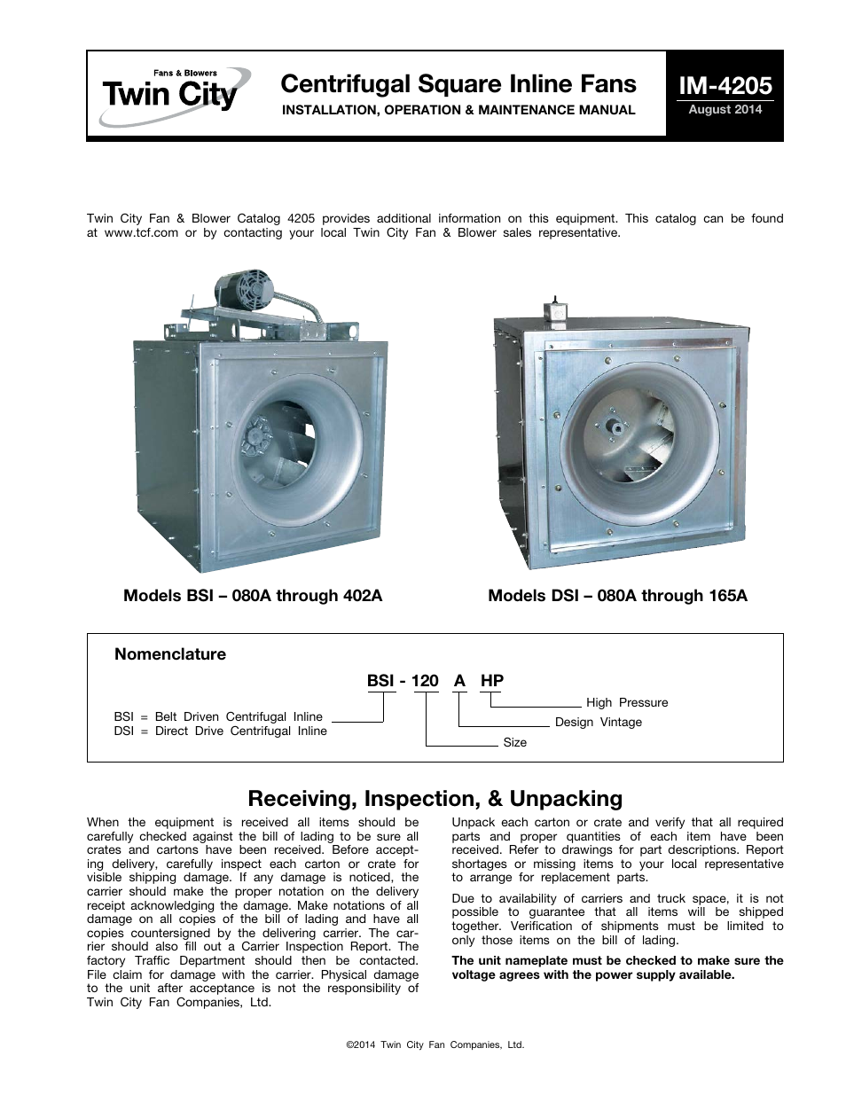 Twin City BSI / DSI Square Inline Centrifugal Fans - IM-4205 User Manual | 12 pages