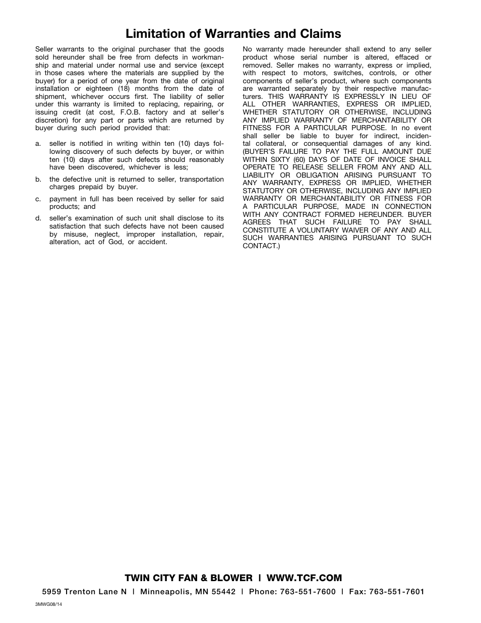 Limitation of warranties and claims | Twin City BSI / DSI Square Inline Centrifugal Fans - IM-4205 User Manual | Page 12 / 12