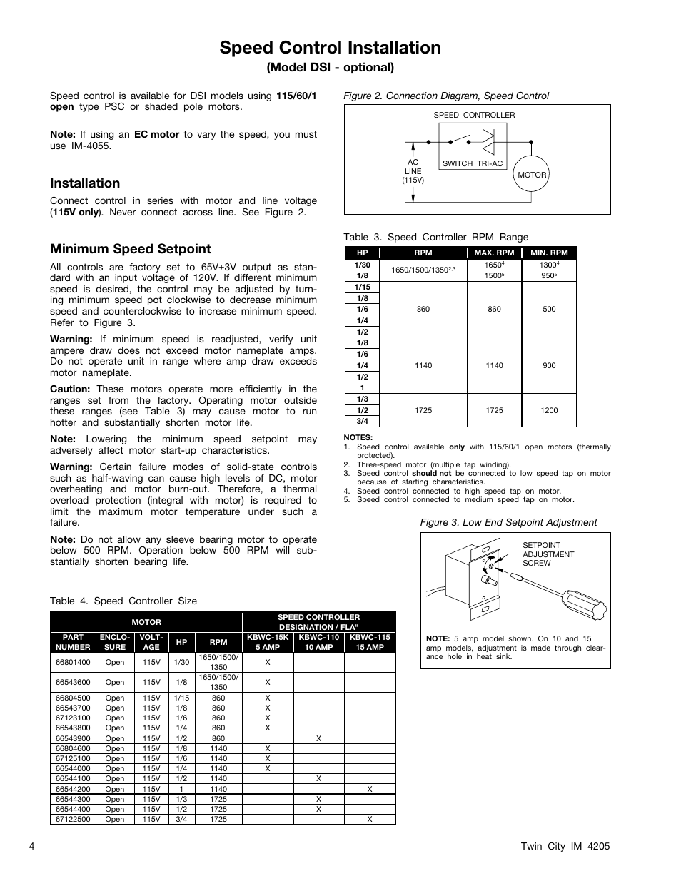 Speed control installation, Installation, Minimum speed setpoint | Model dsi - optional) | Twin City BSI / DSI Square Inline Centrifugal Fans - IM-4205 User Manual | Page 4 / 12