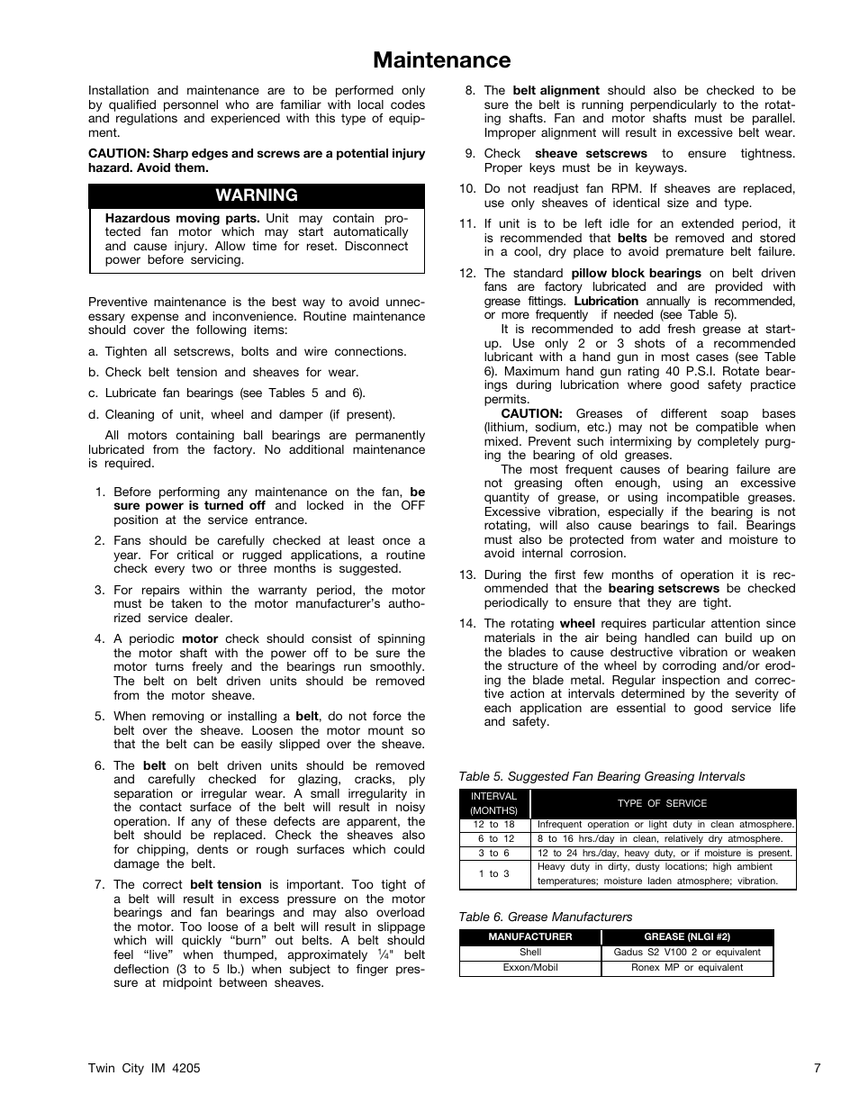 Maintenance, Warning | Twin City BSI / DSI Square Inline Centrifugal Fans - IM-4205 User Manual | Page 7 / 12