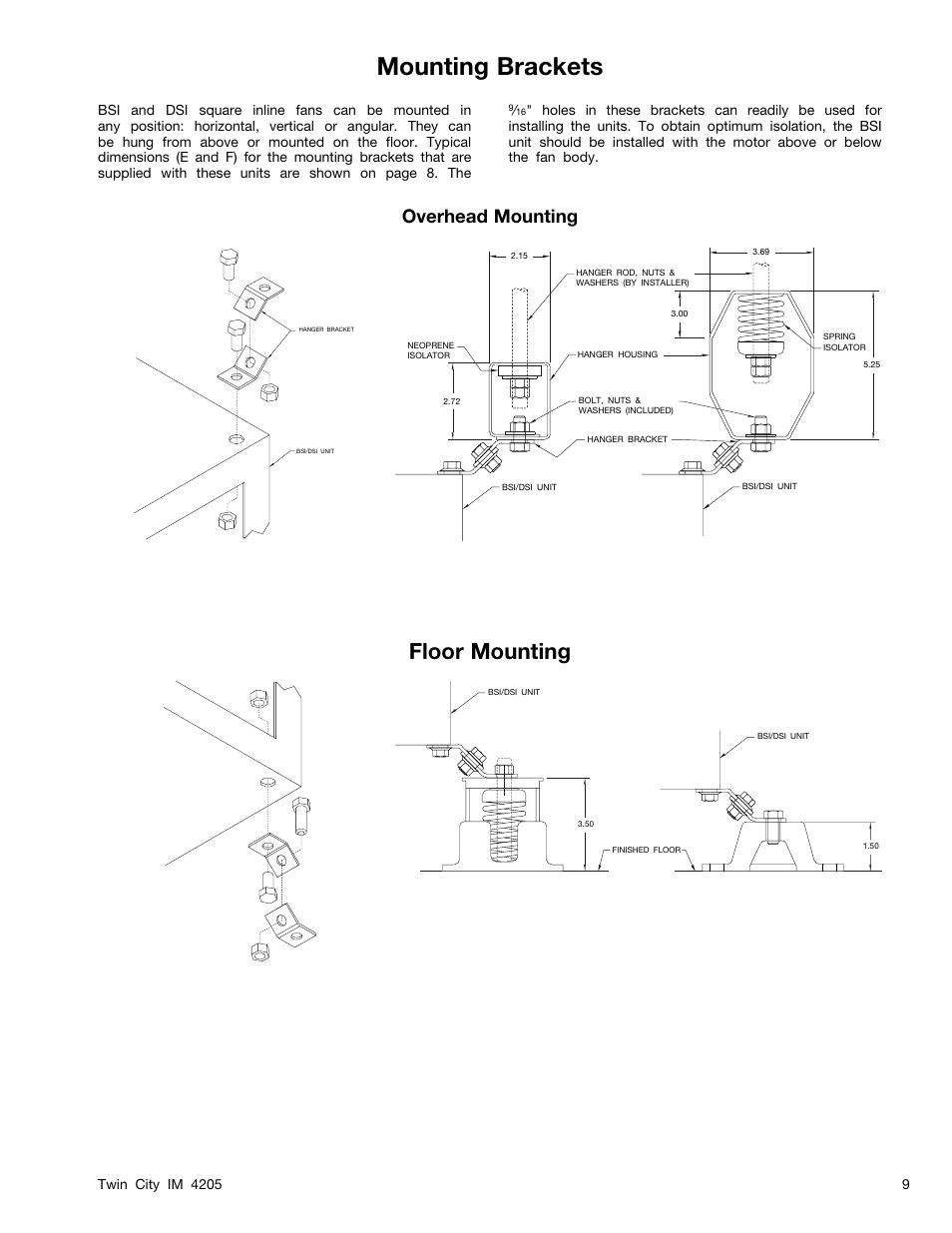 Mounting brackets, Floor mounting, Overhead mounting | Twin City BSI / DSI Square Inline Centrifugal Fans - IM-4205 User Manual | Page 9 / 12