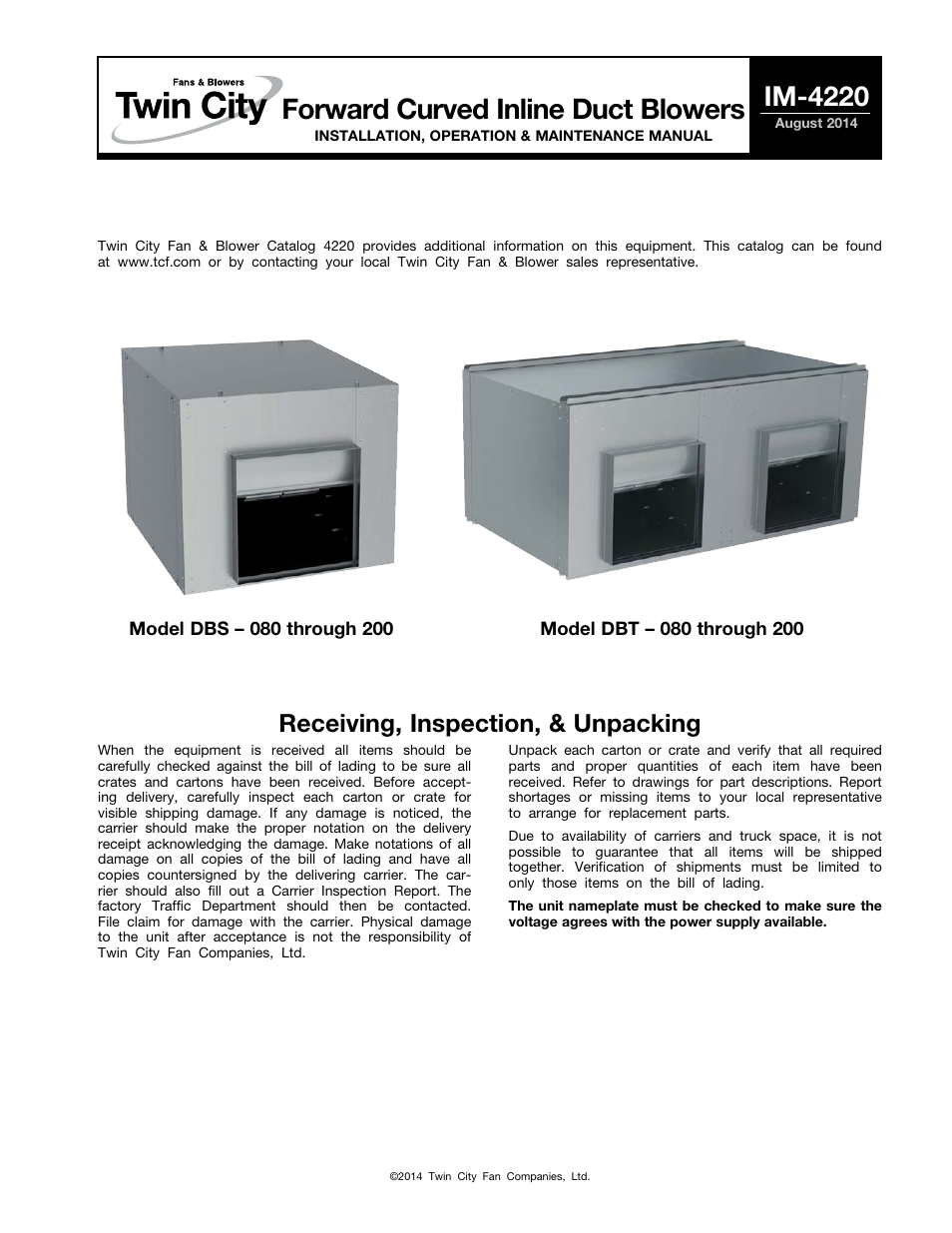 Twin City DBS / DBT Forward Curved Inline Duct Blowers - IM-4220 User Manual | 8 pages