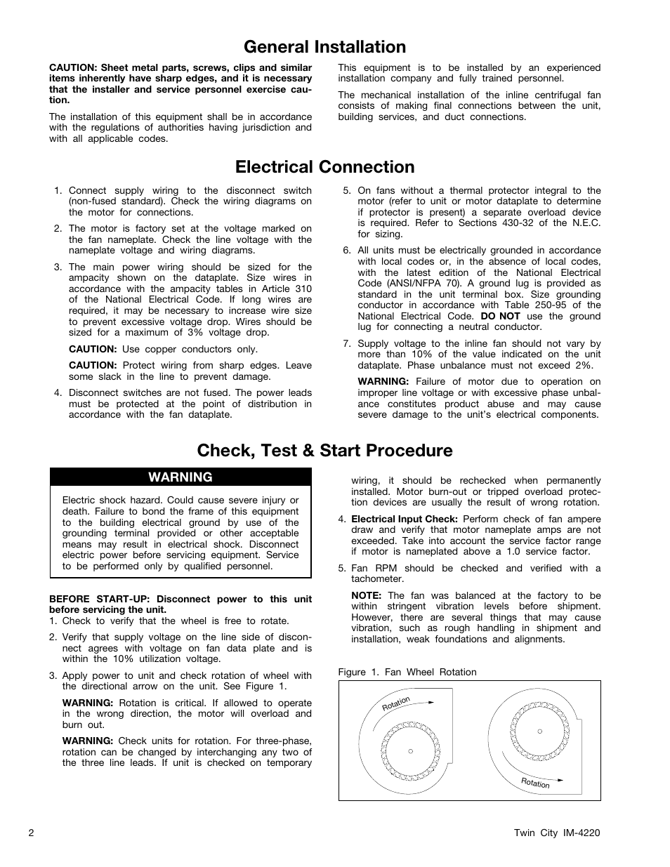 General installation, Check, test & start procedure, Electrical connection | Warning | Twin City DBS / DBT Forward Curved Inline Duct Blowers - IM-4220 User Manual | Page 2 / 8