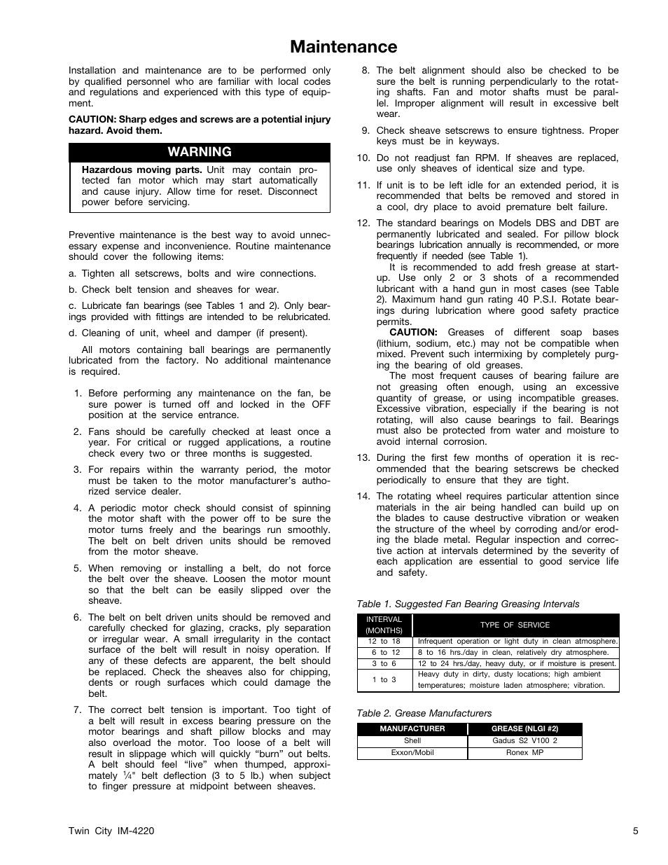 Maintenance, Warning | Twin City DBS / DBT Forward Curved Inline Duct Blowers - IM-4220 User Manual | Page 5 / 8