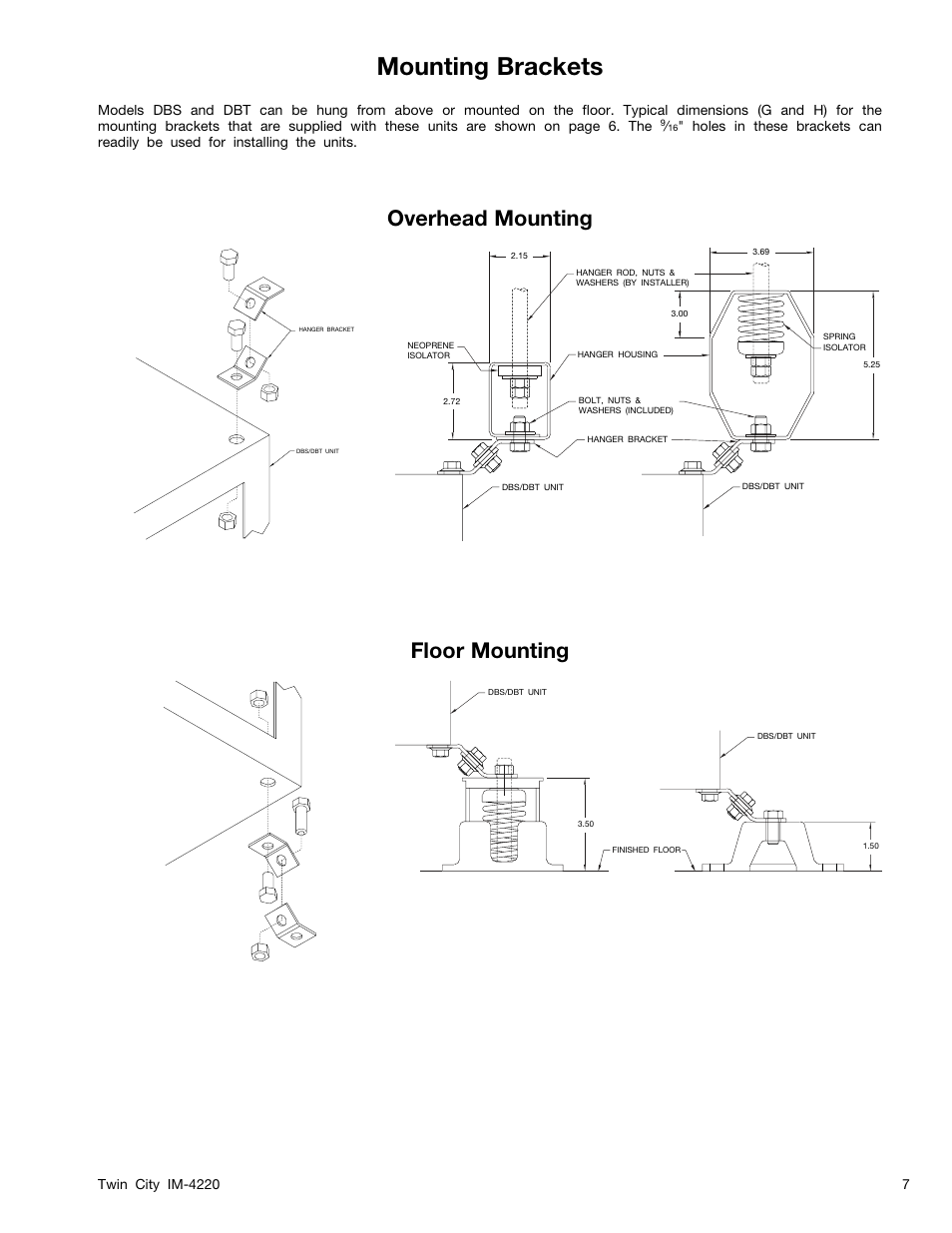 Mounting brackets, Floor mounting overhead mounting | Twin City DBS / DBT Forward Curved Inline Duct Blowers - IM-4220 User Manual | Page 7 / 8