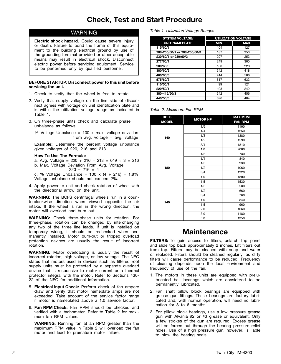 Maintenance, Check, test and start procedure, Warning | Twin City BCFS Centrifugal Filtered Supply Fans - IM-4300 User Manual | Page 2 / 4