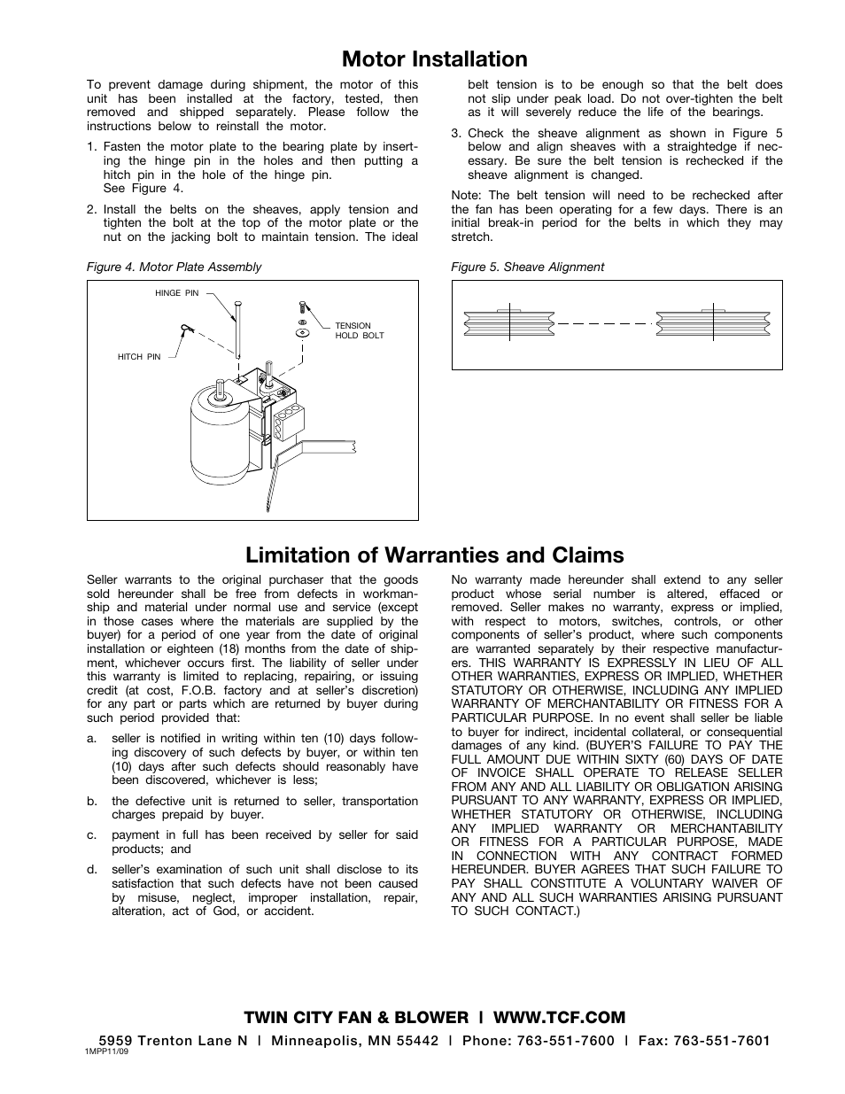 Motor installation, Limitation of warranties and claims | Twin City BCFS Centrifugal Filtered Supply Fans - IM-4300 User Manual | Page 4 / 4