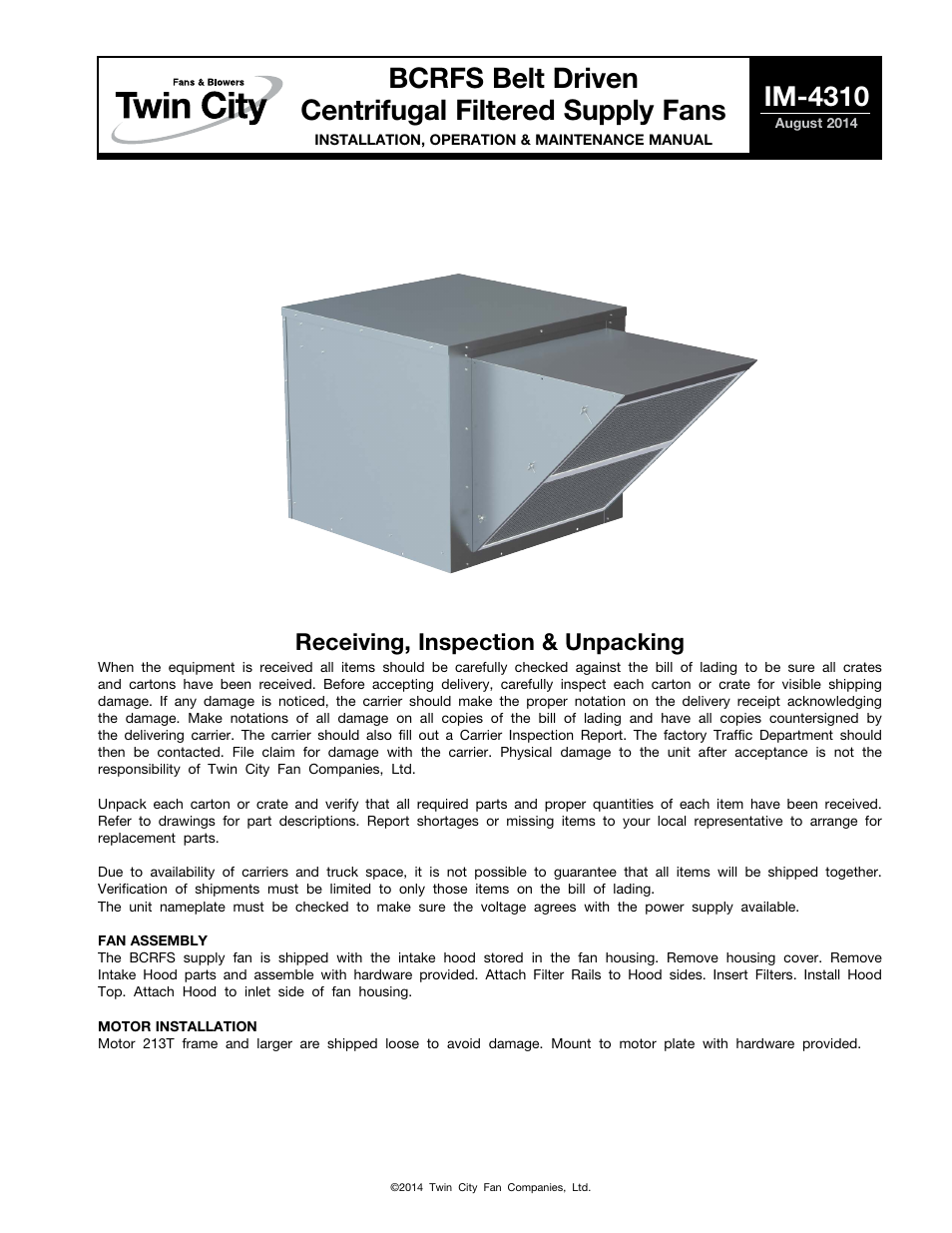Twin City BCRFS Belt Driven Centrifugal Filtered Supply Fans - IM-4310 User Manual | 8 pages