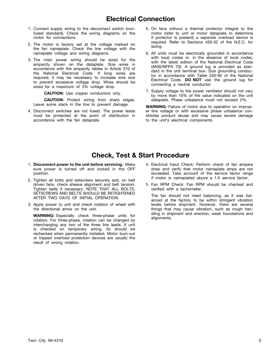 Electrical connection, Check, test & start procedure | Twin City BCRFS Belt Driven Centrifugal Filtered Supply Fans - IM-4310 User Manual | Page 3 / 8