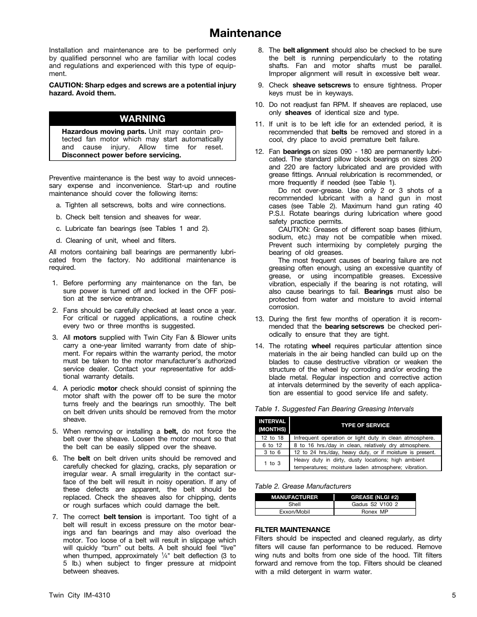 Maintenance, Warning | Twin City BCRFS Belt Driven Centrifugal Filtered Supply Fans - IM-4310 User Manual | Page 5 / 8
