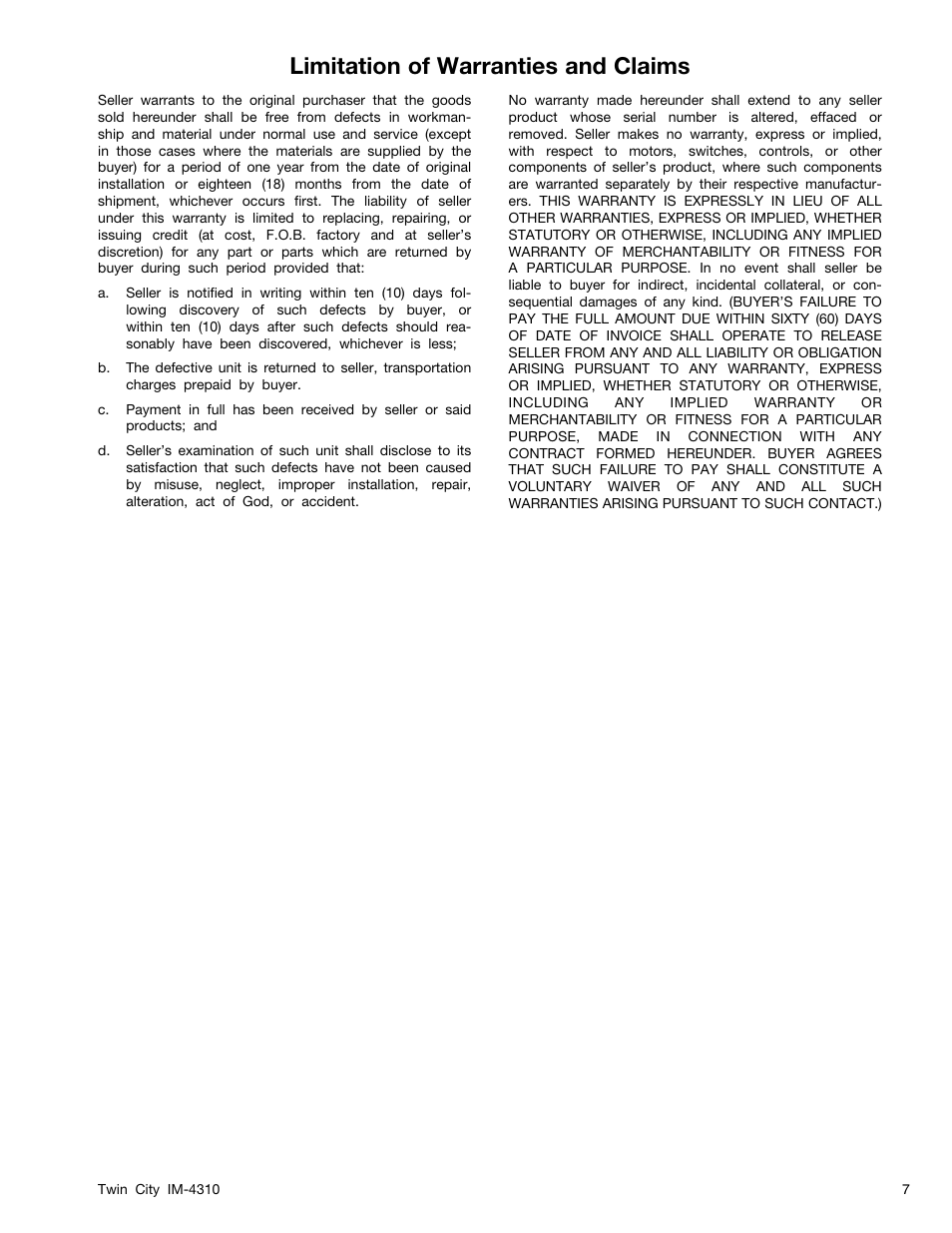 Limitation of warranties and claims | Twin City BCRFS Belt Driven Centrifugal Filtered Supply Fans - IM-4310 User Manual | Page 7 / 8