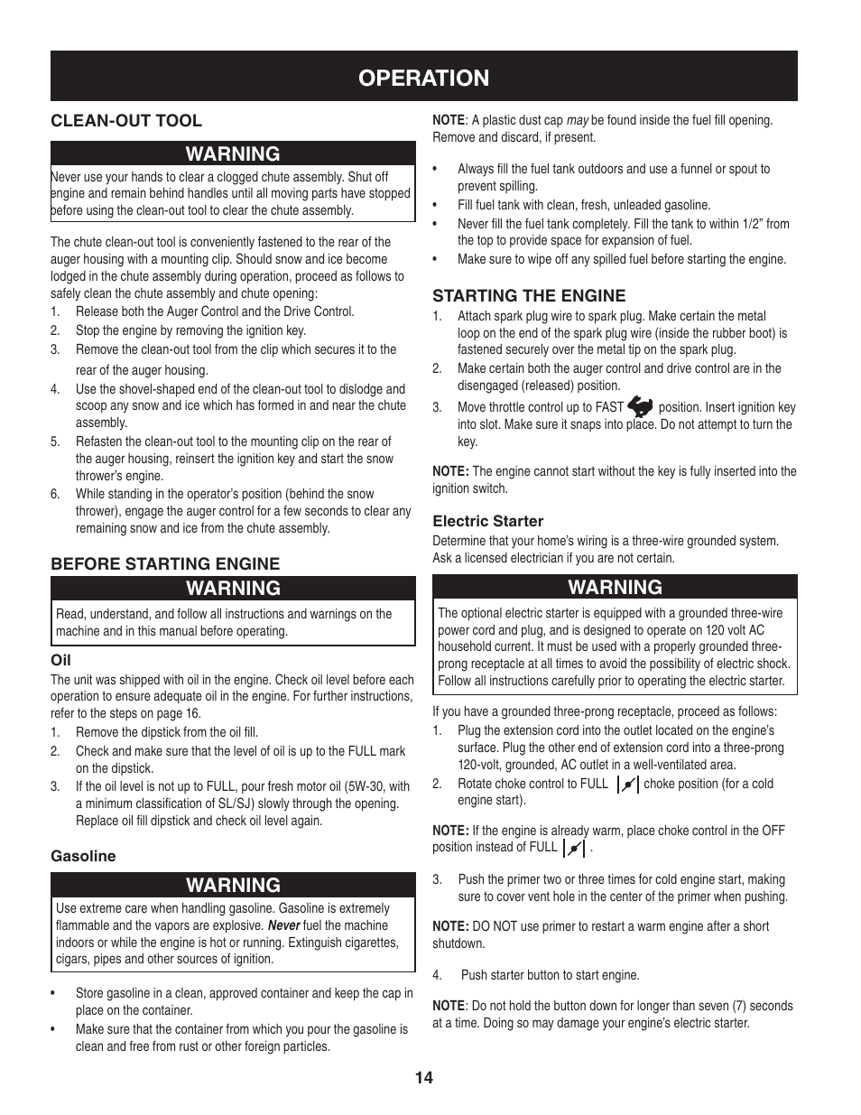 Operation, Warning | Craftsman 247.88355 User Manual | Page 14 / 64