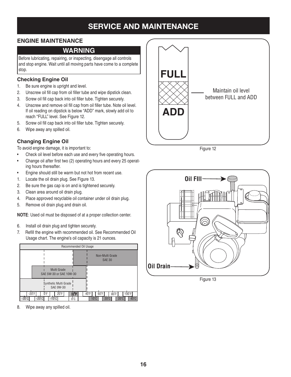 Full add, Service and maintenance, Warning | Oil fill oil drain, Engine maintenance, Maintain oil level between full and add, Checking engine oil, Changing engine oil | Craftsman 247.88355 User Manual | Page 16 / 64