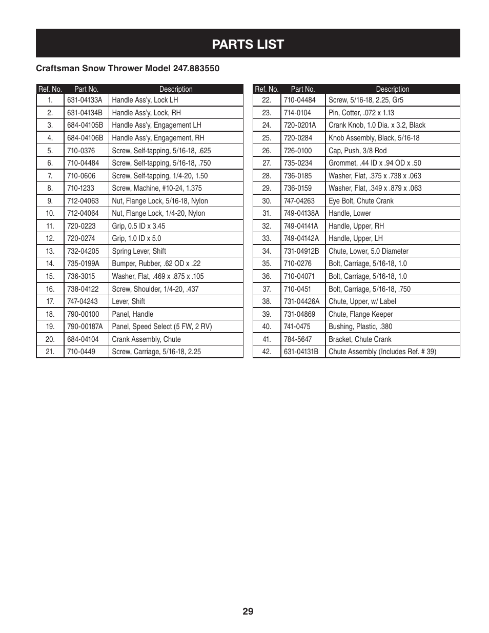 Parts list | Craftsman 247.88355 User Manual | Page 29 / 64