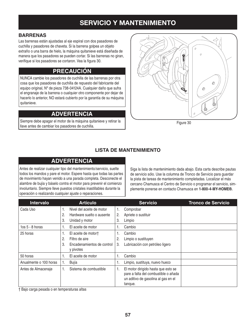 Servicio y mantenimiento, Advertencia, Precaución advertencia | Craftsman 247.88355 User Manual | Page 57 / 64