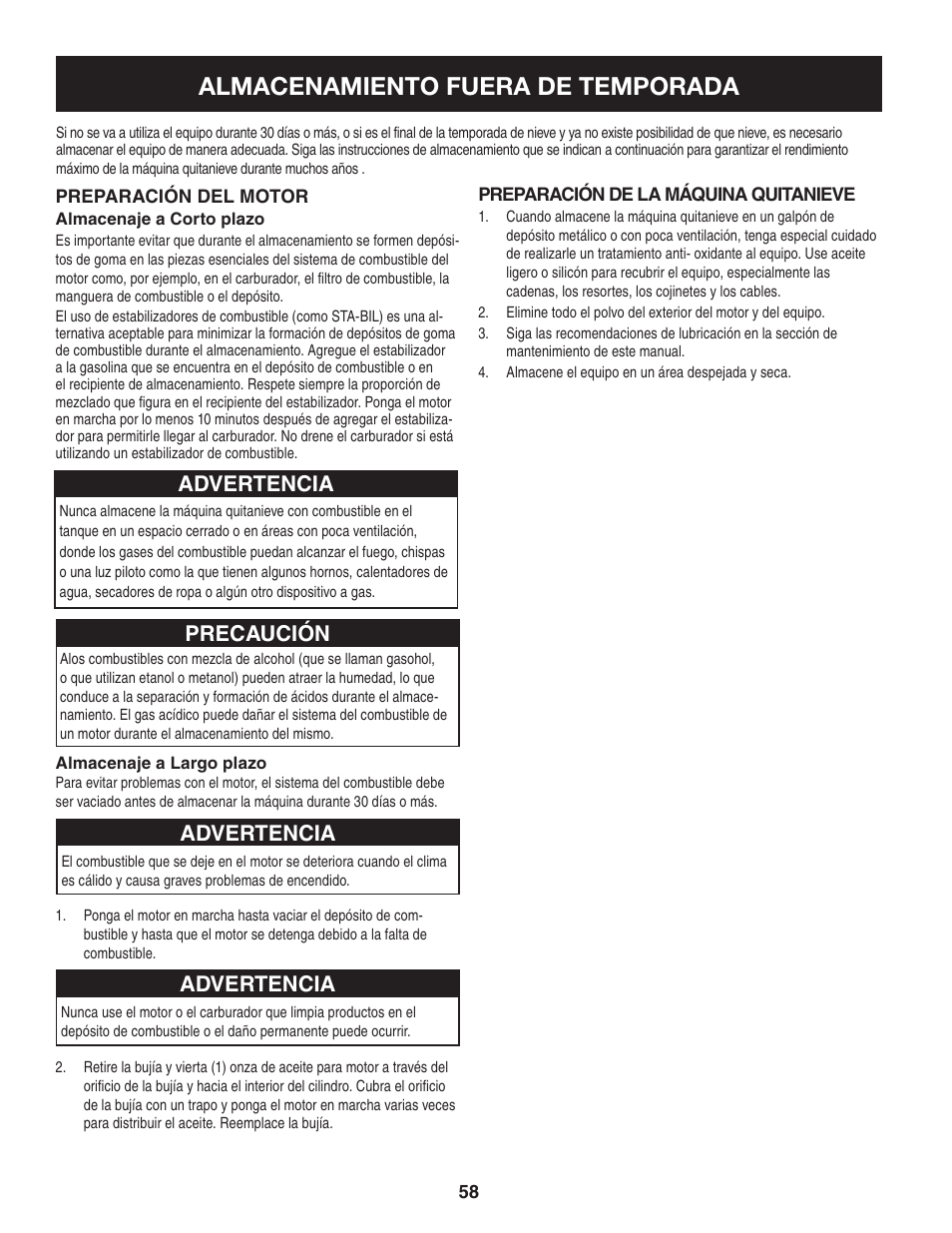 Almacenamiento fuera de temporada, Precaución, Advertencia | Craftsman 247.88355 User Manual | Page 58 / 64