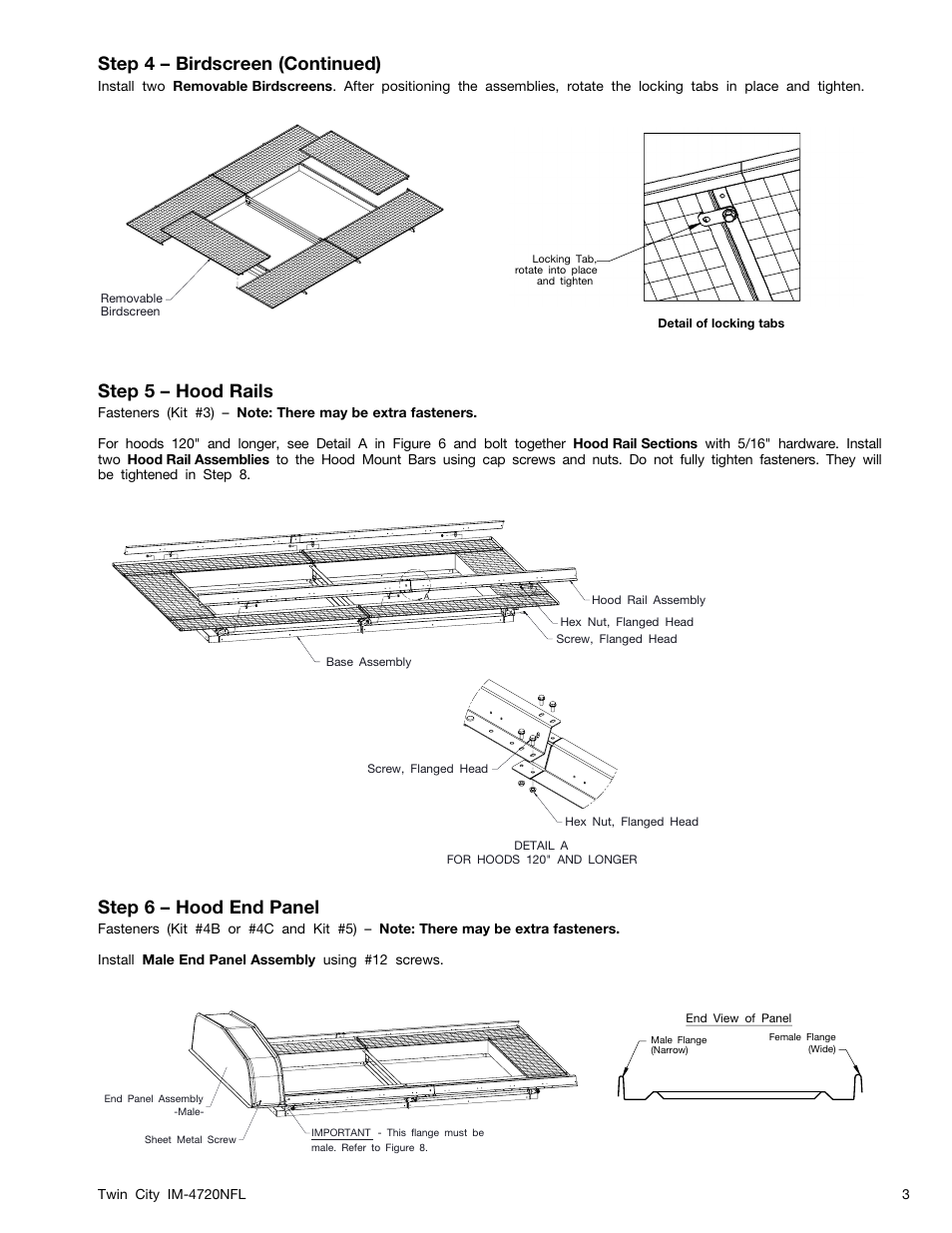 Step 4 – birdscreen (continued), Step 5 – hood rails, Step 6 – hood end panel | Twin City Modular Gravity Hood - MGR, MGI - IM-4720NFL User Manual | Page 3 / 4