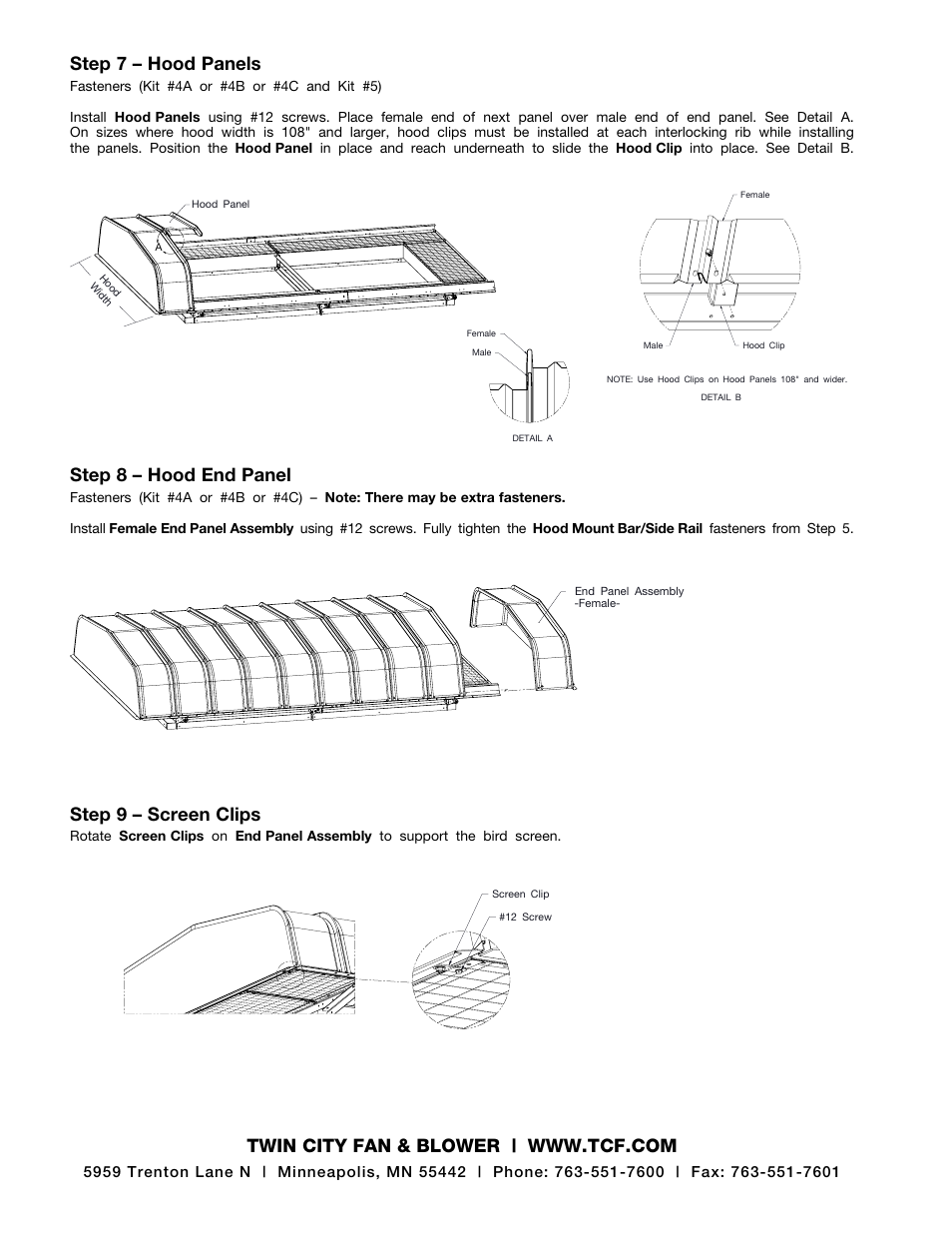 Step 8 – hood end panel, Step 9 – screen clips, Step 7 – hood panels | Twin City Modular Gravity Hood - MGR, MGI - IM-4720NFL User Manual | Page 4 / 4
