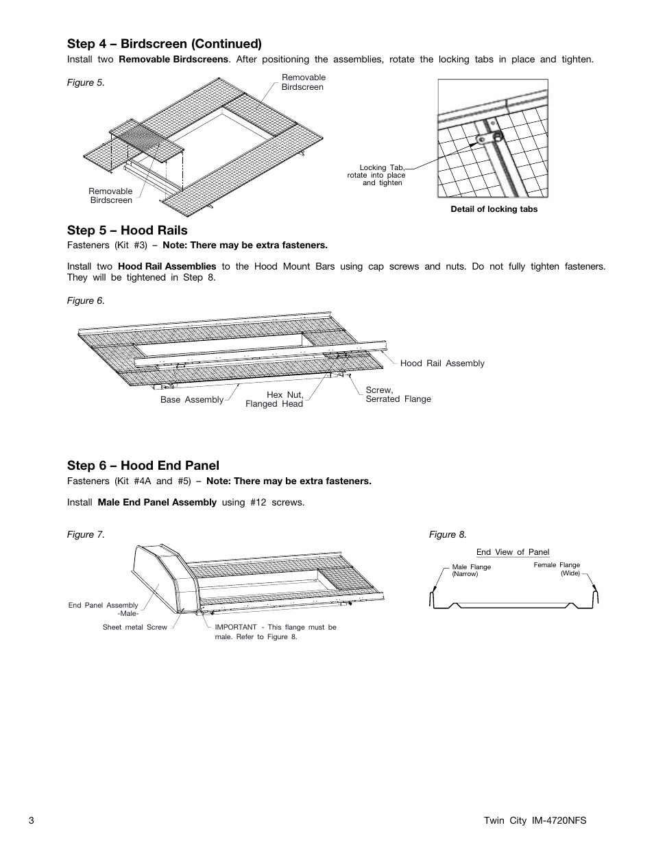 Step 4 – birdscreen (continued), Step 5 – hood rails, Step 6 – hood end panel | Twin City Modular Gravity Hood - MGR, MGI - IM-4720NFS User Manual | Page 3 / 4