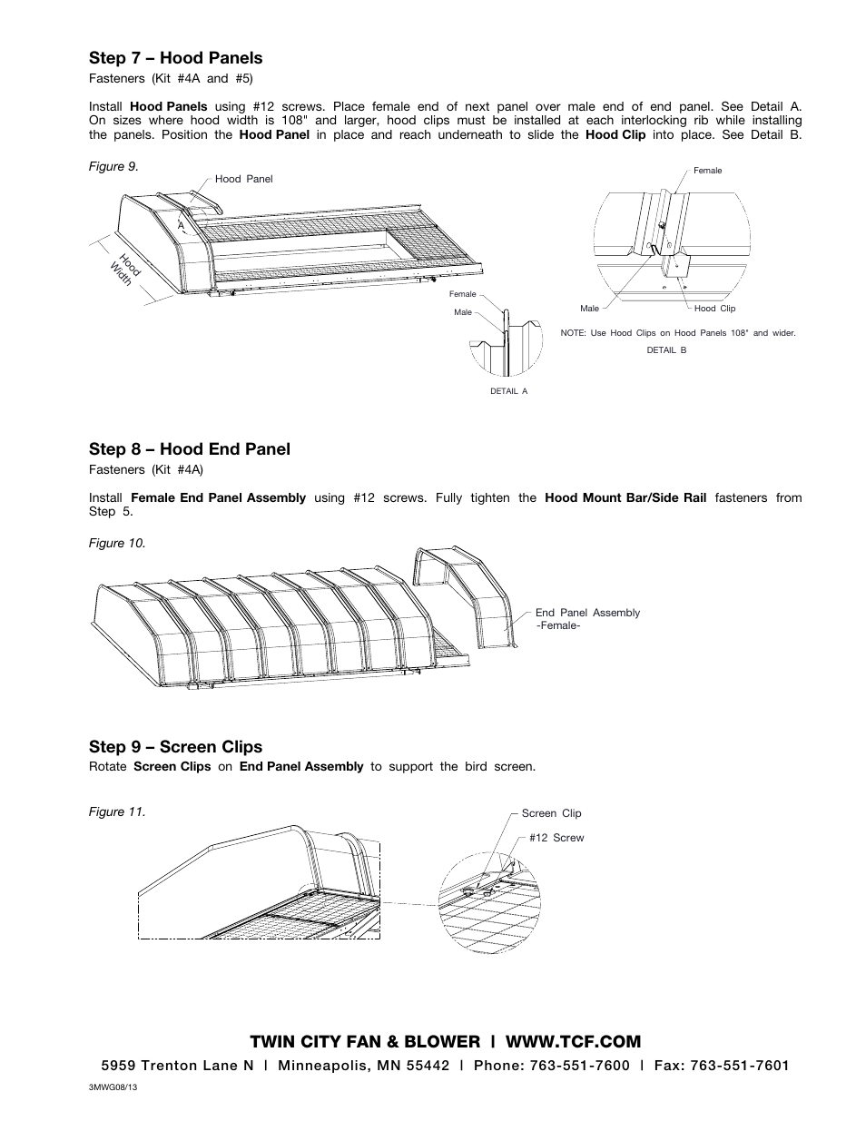 Step 8 – hood end panel, Step 9 – screen clips, Step 7 – hood panels | Twin City Modular Gravity Hood - MGR, MGI - IM-4720NFS User Manual | Page 4 / 4
