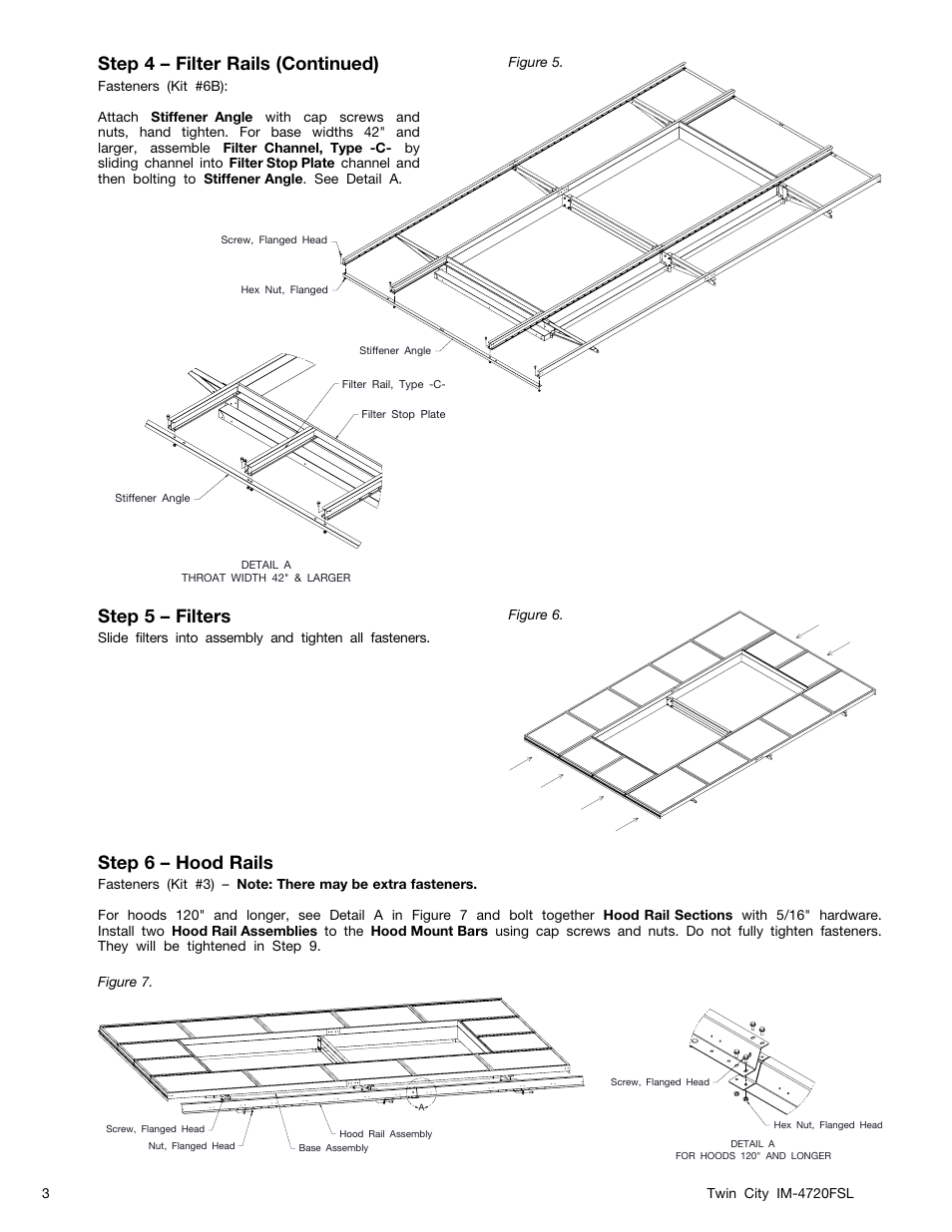 Step 4 – filter rails (continued), Step 5 – filters, Step 6 – hood rails | Twin City Modular Gravity Hood - MGI with Filters - IM-4720FSL User Manual | Page 3 / 4