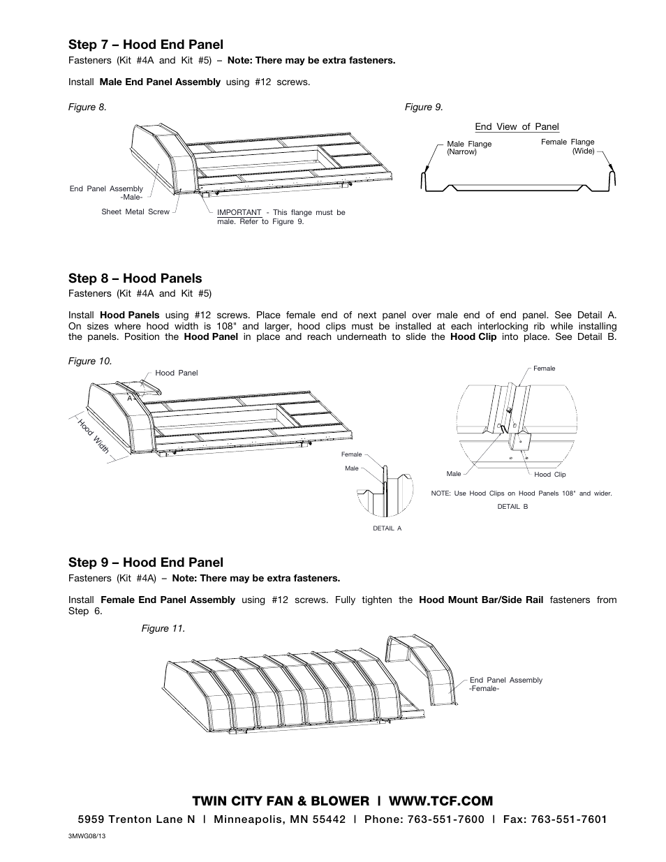 Step 8 – hood panels, Step 9 – hood end panel, Step 7 – hood end panel | Twin City Modular Gravity Hood - MGI with Filters - IM-4720FSS User Manual | Page 4 / 4