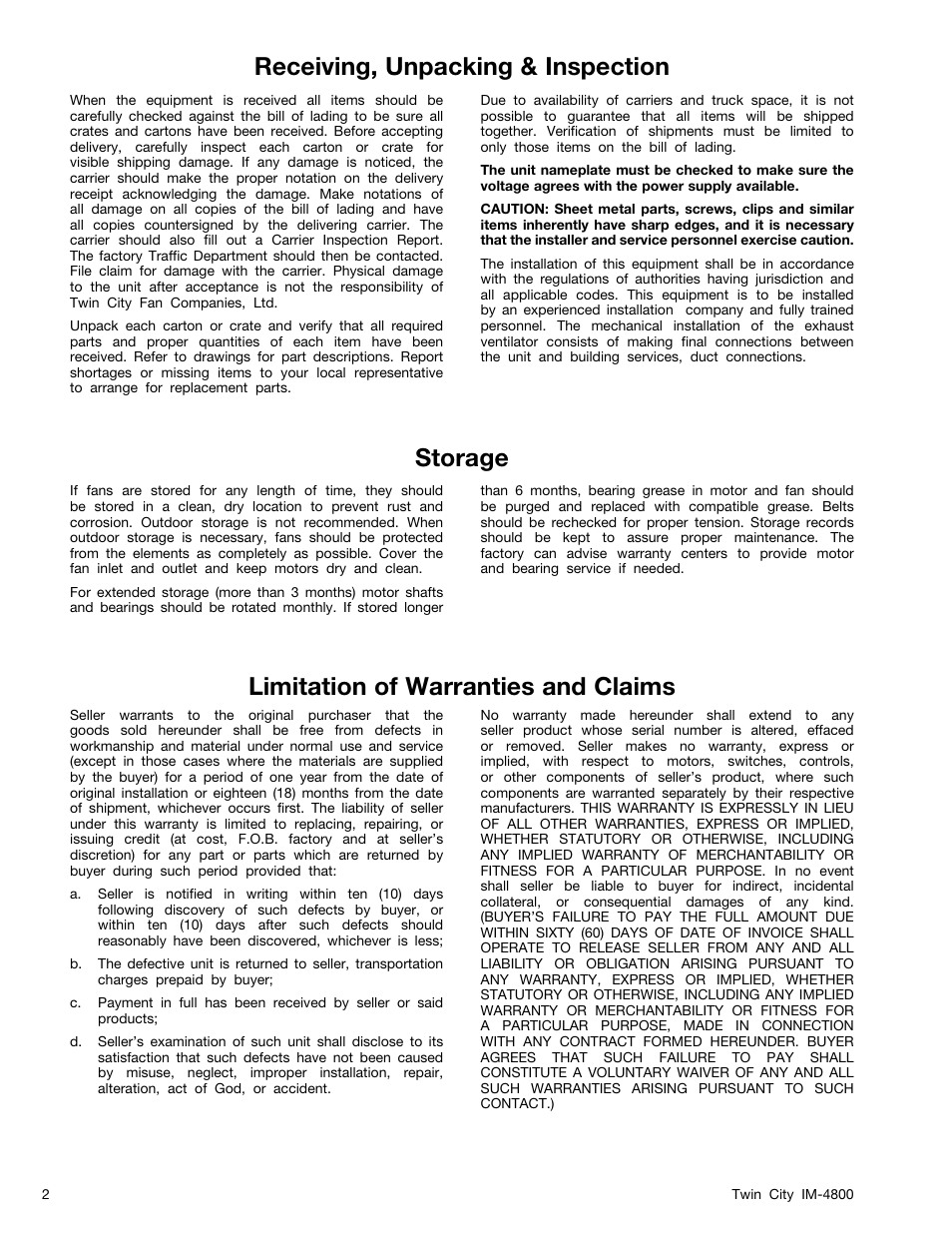 Storage | Twin City TCPE, WPB, WPD Propeller Wall Fans - IM-4800 User Manual | Page 2 / 16