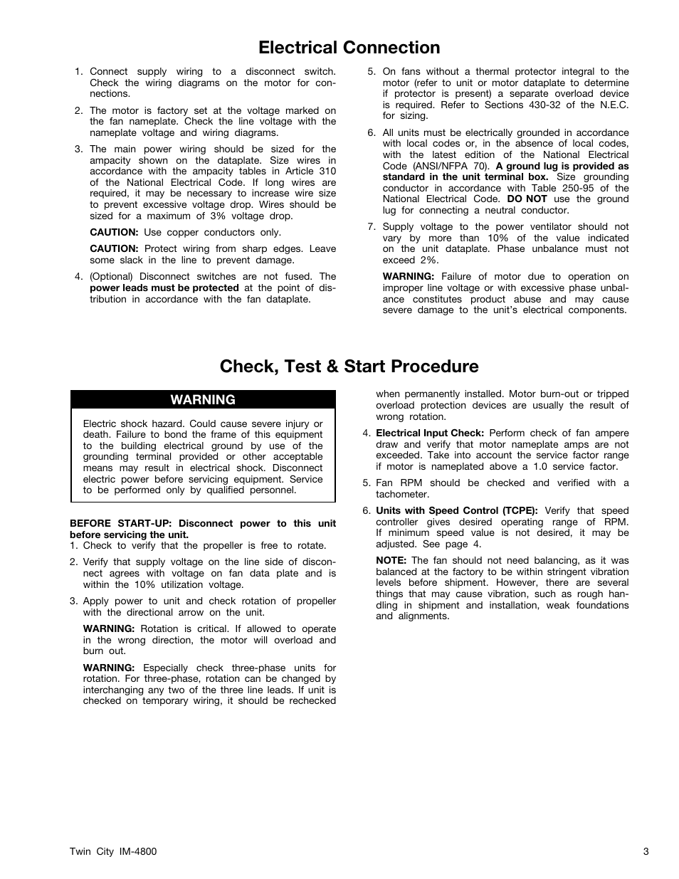 Check, test & start procedure, Electrical connection, Warning | Twin City TCPE, WPB, WPD Propeller Wall Fans - IM-4800 User Manual | Page 3 / 16