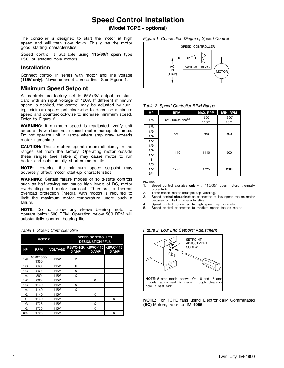 Speed control installation, Installation, Minimum speed setpoint | Model tcpe - optional) | Twin City TCPE, WPB, WPD Propeller Wall Fans - IM-4800 User Manual | Page 4 / 16