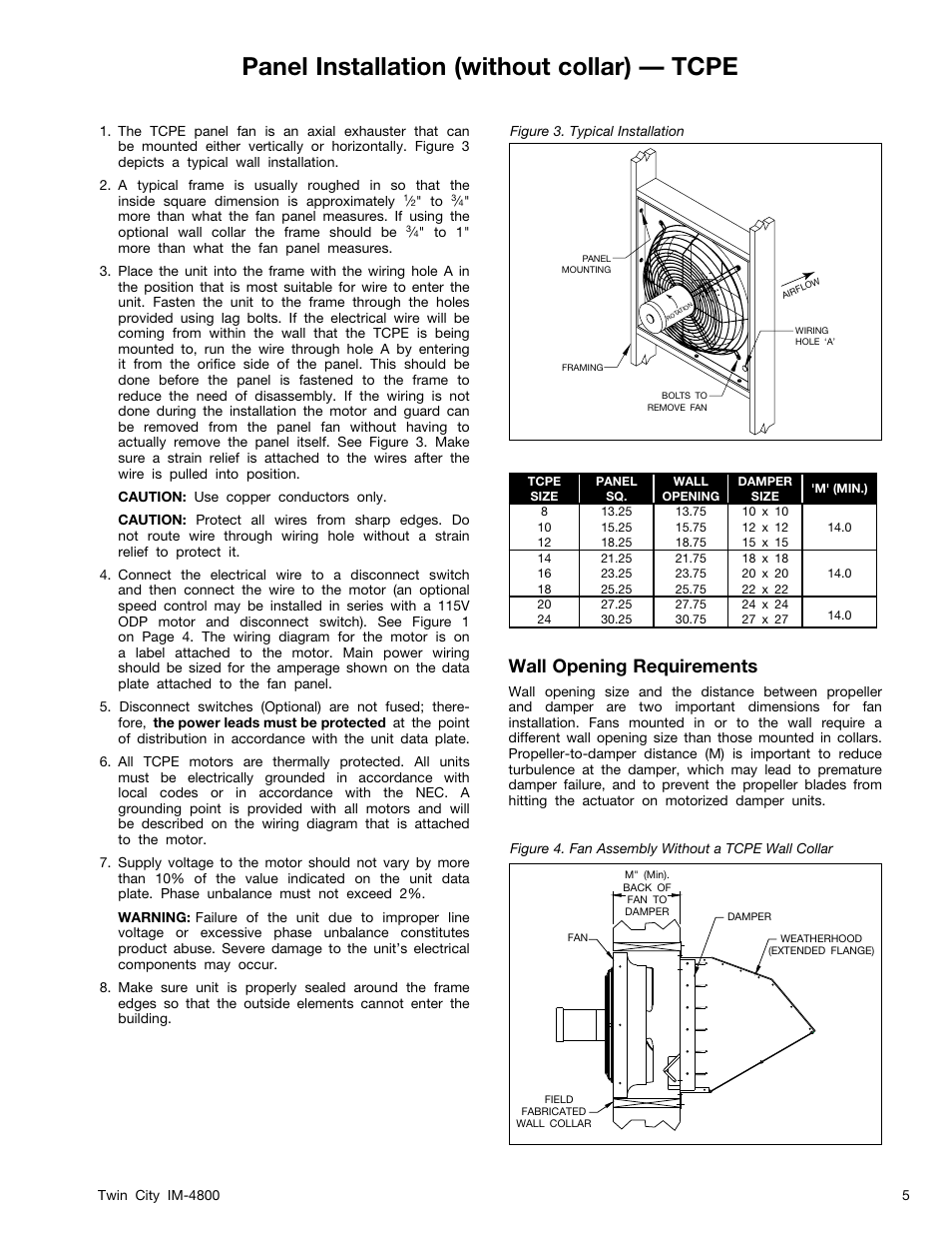 Panel installation (without collar) — tcpe, Wall opening requirements | Twin City TCPE, WPB, WPD Propeller Wall Fans - IM-4800 User Manual | Page 5 / 16