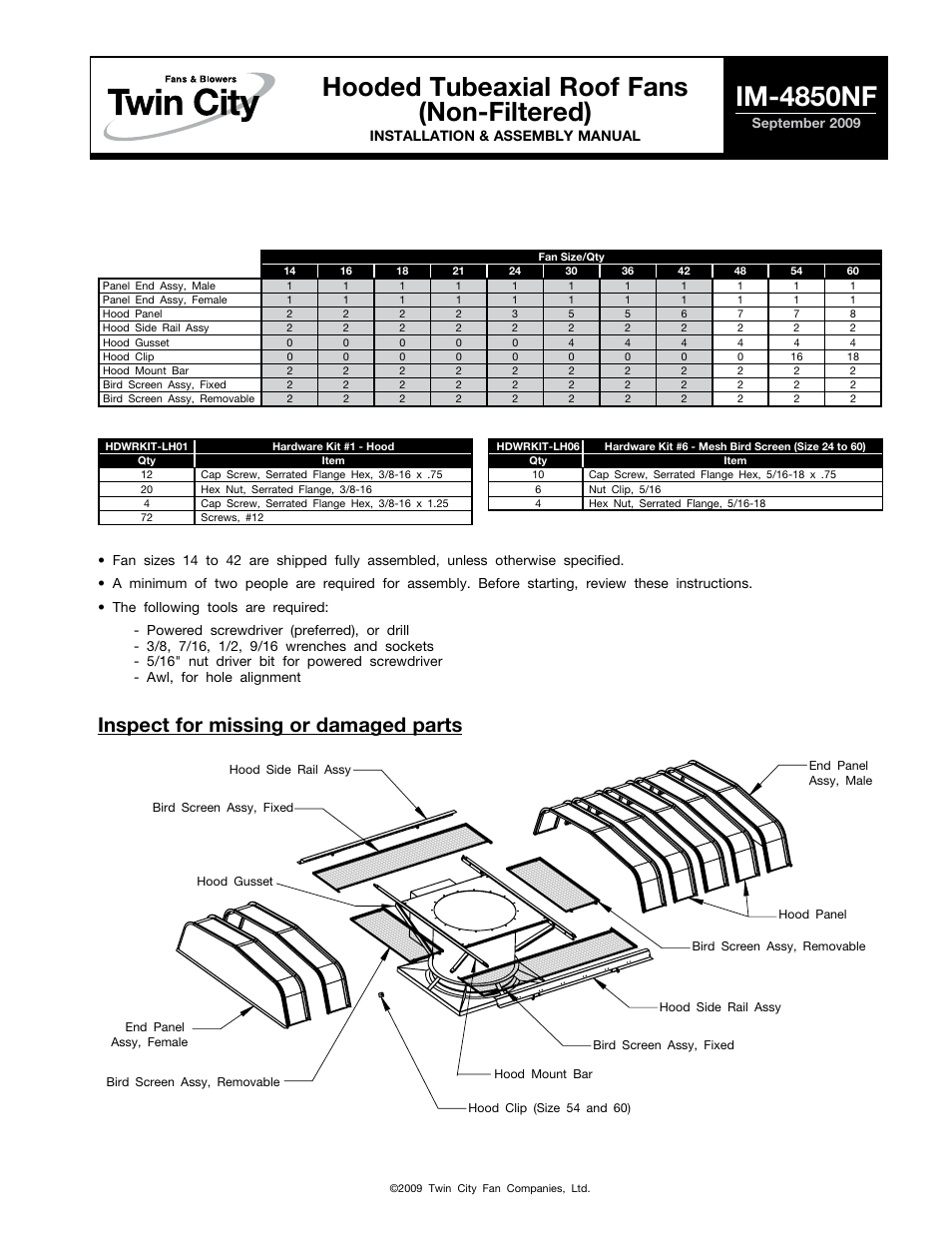 Twin City Hooded Tubeaxial Roof Fans (Non-Filtered) - IM-4850NF User Manual | 4 pages