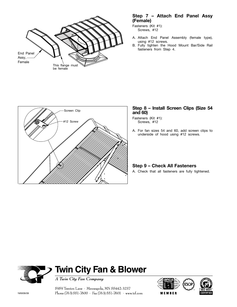 Step 7 – attach end panel assy (female), Step 9 – check all fasteners | Twin City Hooded Tubeaxial Roof Fans (Non-Filtered) - IM-4850NF User Manual | Page 4 / 4