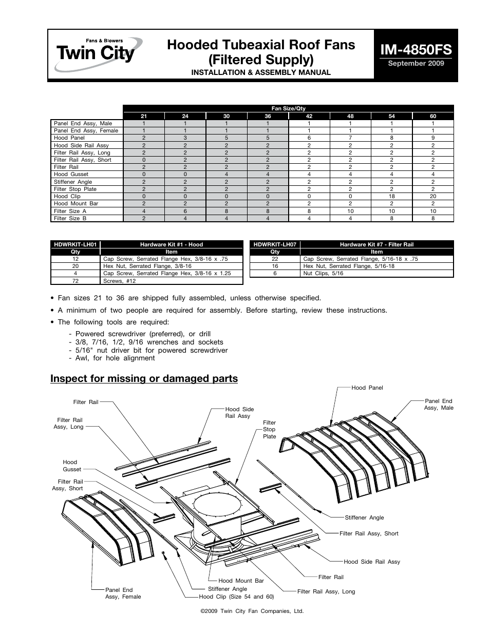 Twin City Hooded Tubeaxial Roof Fans (Filtered Supply) - IM-4850FS User Manual | 4 pages