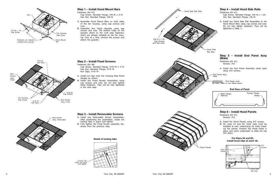 Step 1 – install hood mount bars, Step 2 – install fixed screens, Step 3 – install removable screens | Step 4 – install hood side rails, Step 5 – install end panel assy (male), Step 6 – install hood panels, End view of panel | Twin City Hooded Propeller Fans (Non-Filtered) - IM-4860NF User Manual | Page 2 / 4