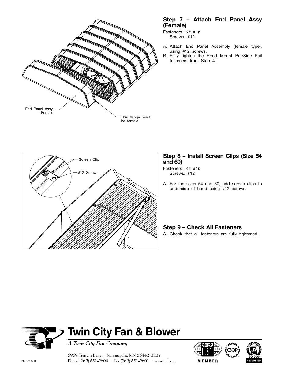 Step 7 – attach end panel assy (female), Step 9 – check all fasteners | Twin City Hooded Propeller Fans (Non-Filtered) - IM-4860NF User Manual | Page 4 / 4