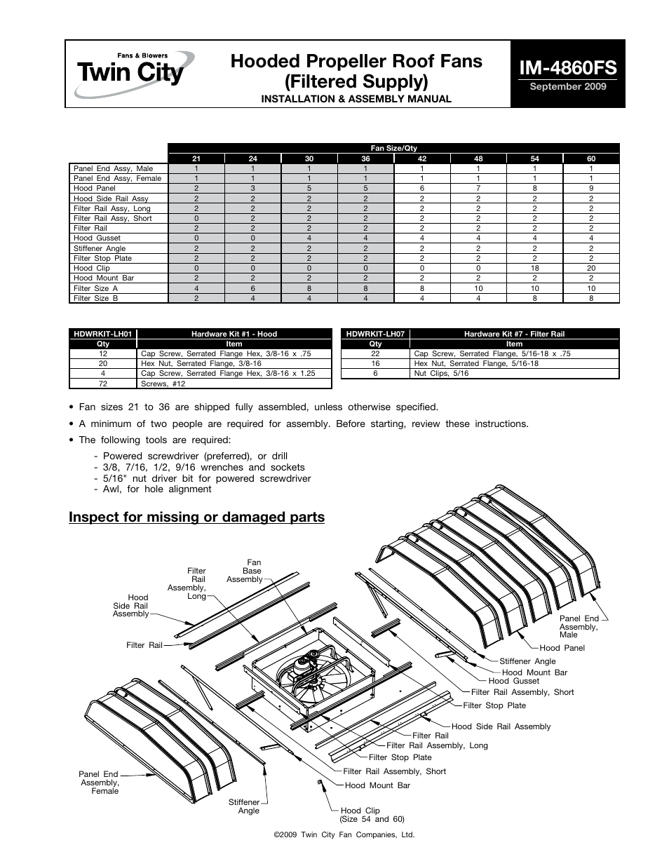 Twin City Hooded Propeller Roof Fans (Filtered Supply) - IM-4860FS User Manual | 4 pages