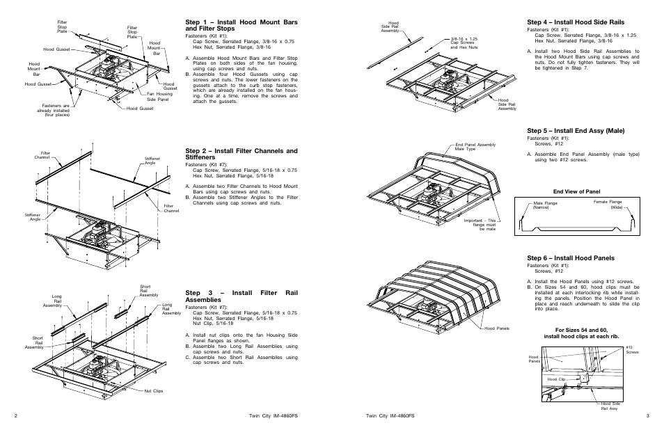 Step 1 – install hood mount bars and filter stops, Step 2 – install filter channels and stiffeners, Step 3 – install filter rail assemblies | Step 4 – install hood side rails, Step 5 – install end assy (male), Step 6 – install hood panels | Twin City Hooded Propeller Roof Fans (Filtered Supply) - IM-4860FS User Manual | Page 3 / 4